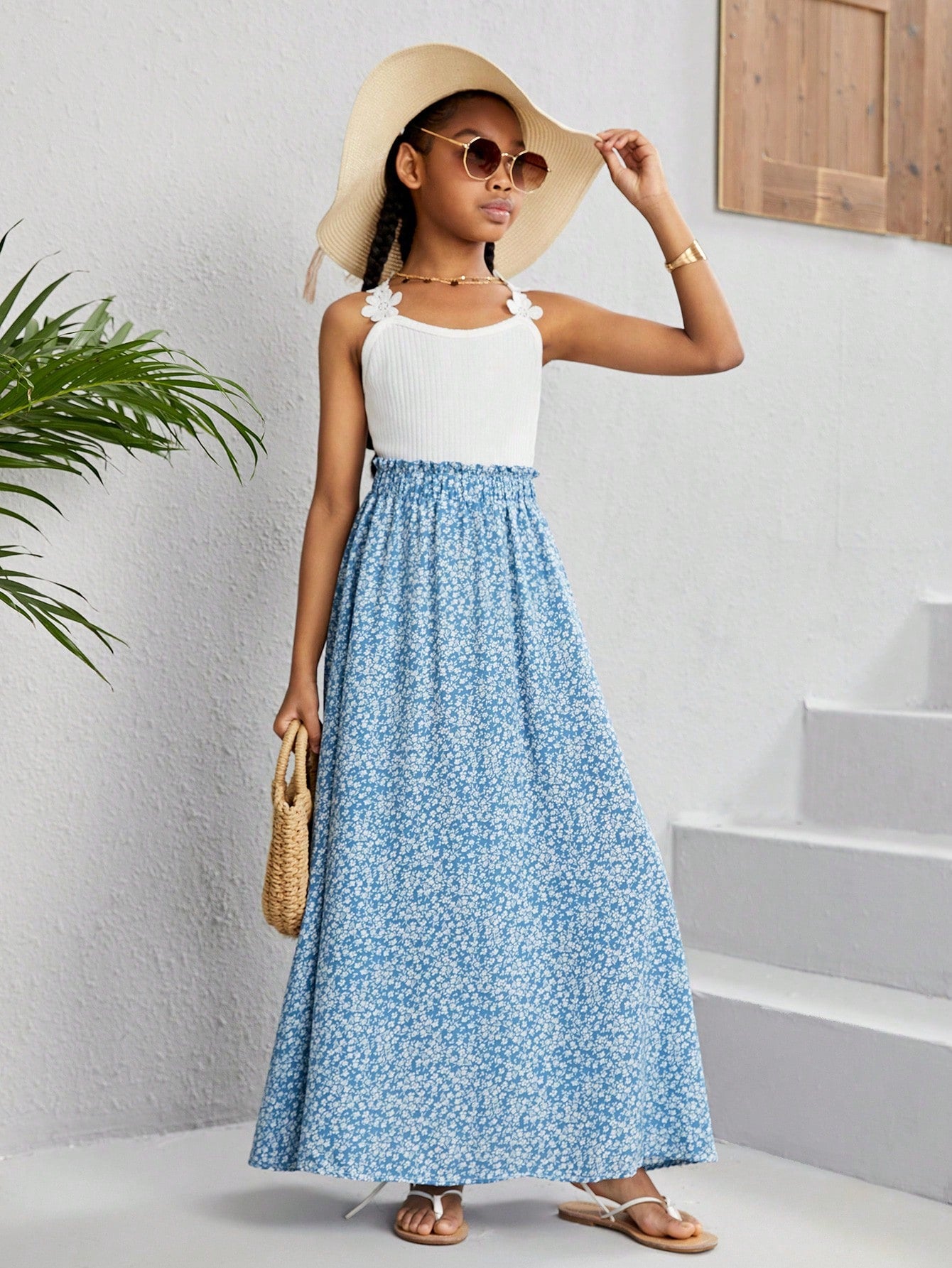 Tween Girl Floral Printed Woven Loose Fit Skirt For Summer Vacation And Daily Casual Wear