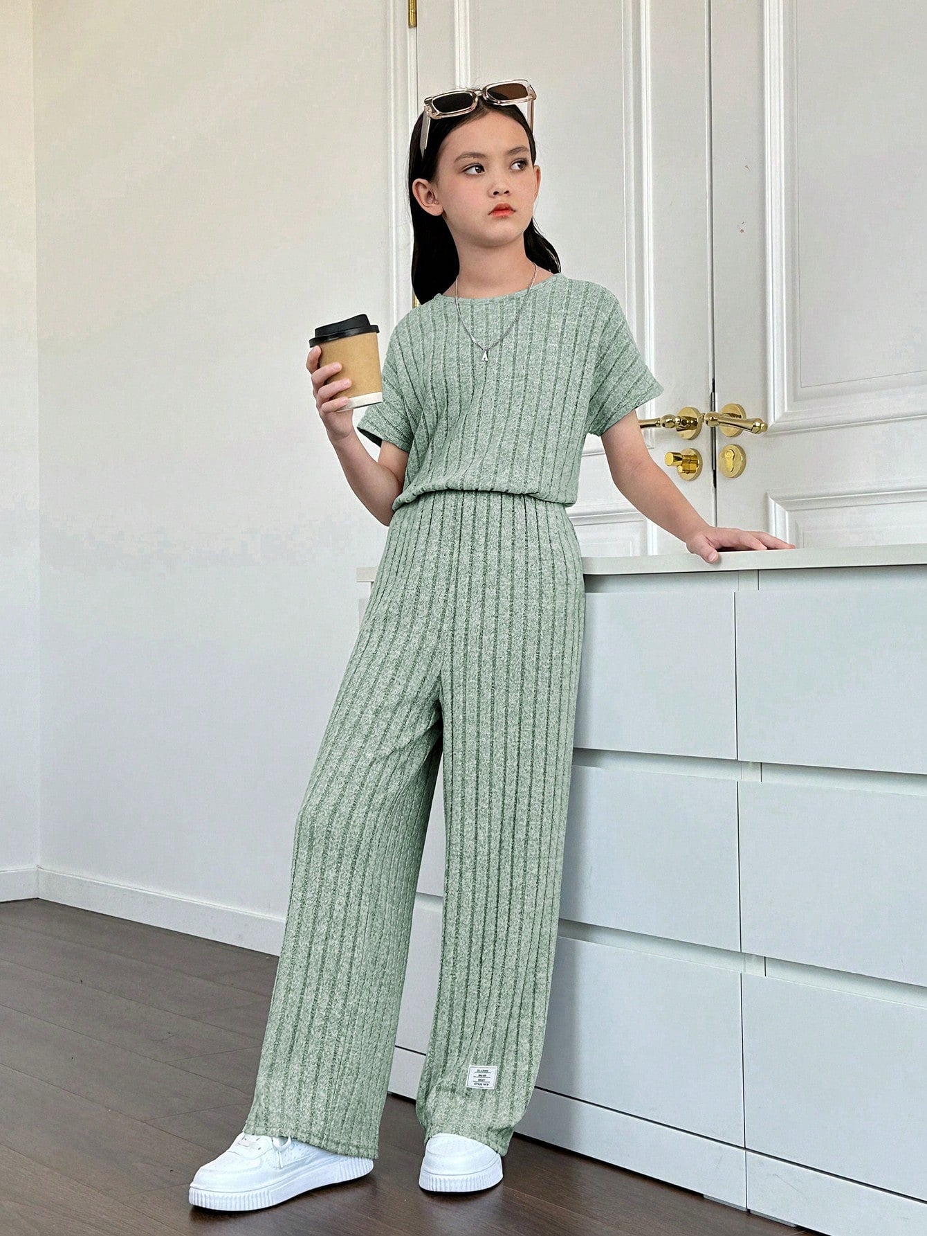 Tween Girls' Knitted Solid Color Loose Fit Casual Jumpsuit With Round Neckline