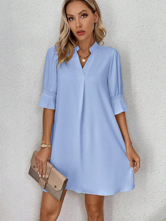 Women's Embroidery Notch V-Neck Short Sleeve Straight Loose Casual Dress, Summer Blue Dress