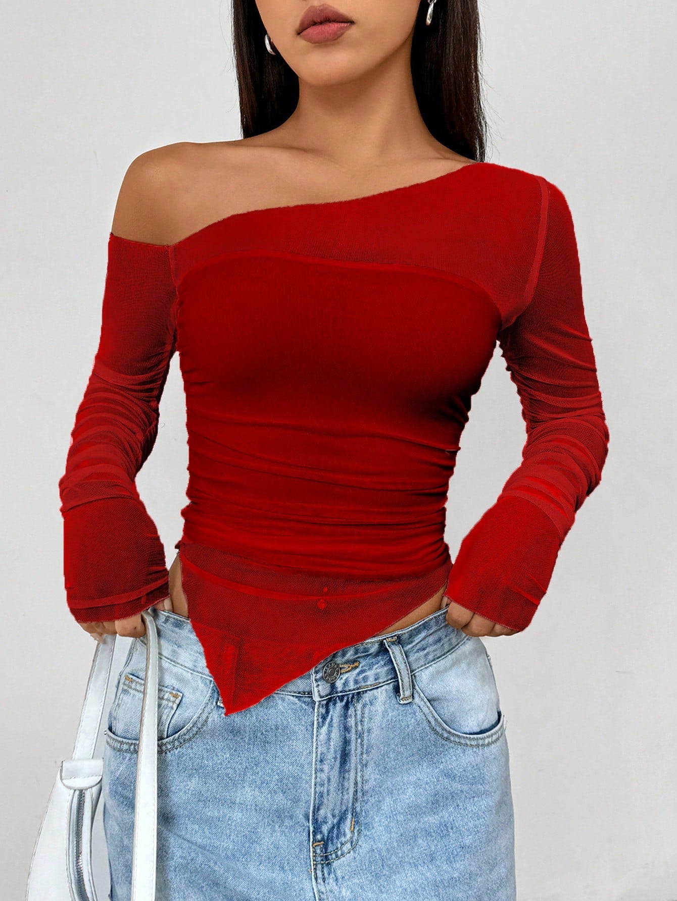 Women's Casual Mesh Splicing Asymmetrical Neckline T-Shirt