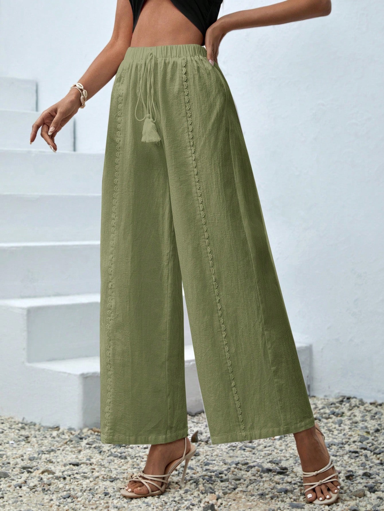 Women's Solid-Colored Loose Fit Casual Trousers With Tassel Detail Pants Pendant Decoration Beach