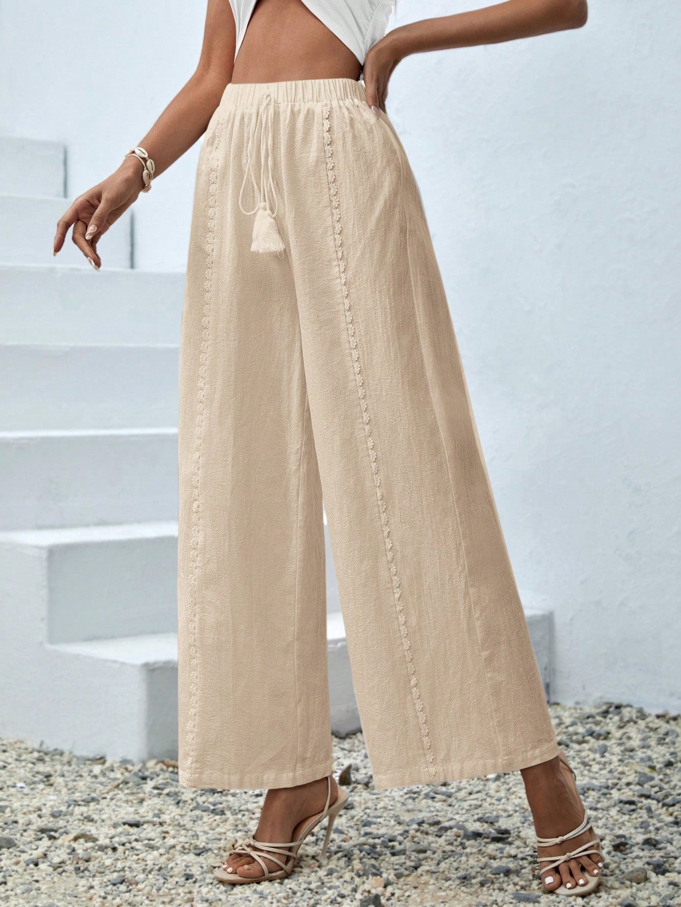 Women's Solid-Colored Loose Fit Casual Trousers With Tassel Detail Pants Pendant Decoration Beach