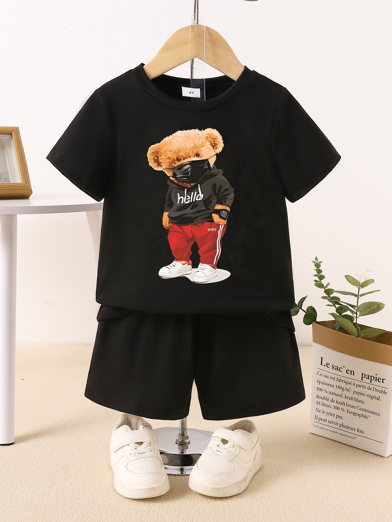 Young Boy Leisure Slogan Graphic Tee & Shorts For Summer