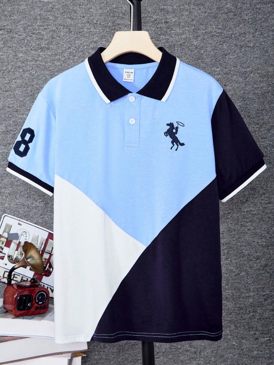 Tween Boy Summer Color Block Letter Embroidered Fashion Sports Short-Sleeved Polo Shirt