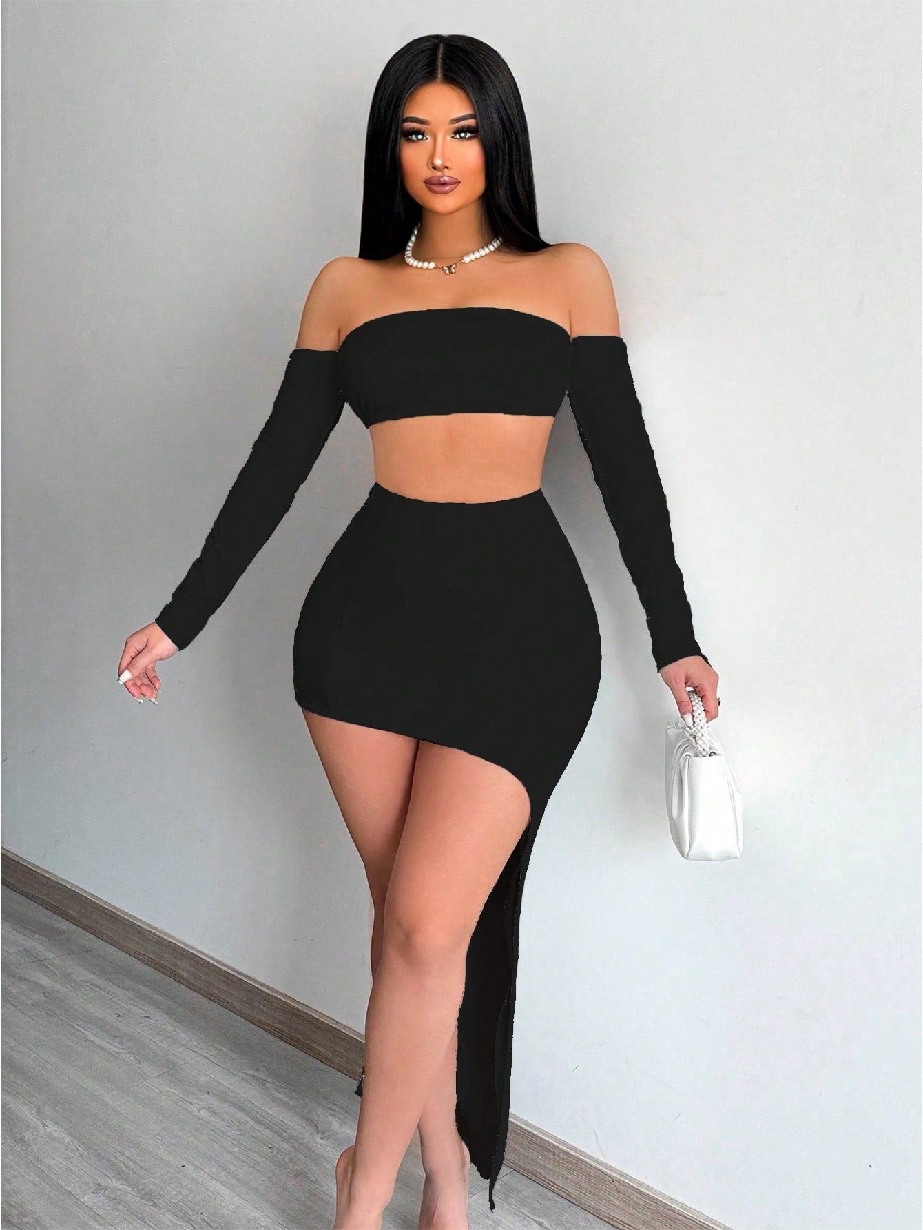 Womens Off-The-Shoulder Top And Irregular Bodycon Skirt Set