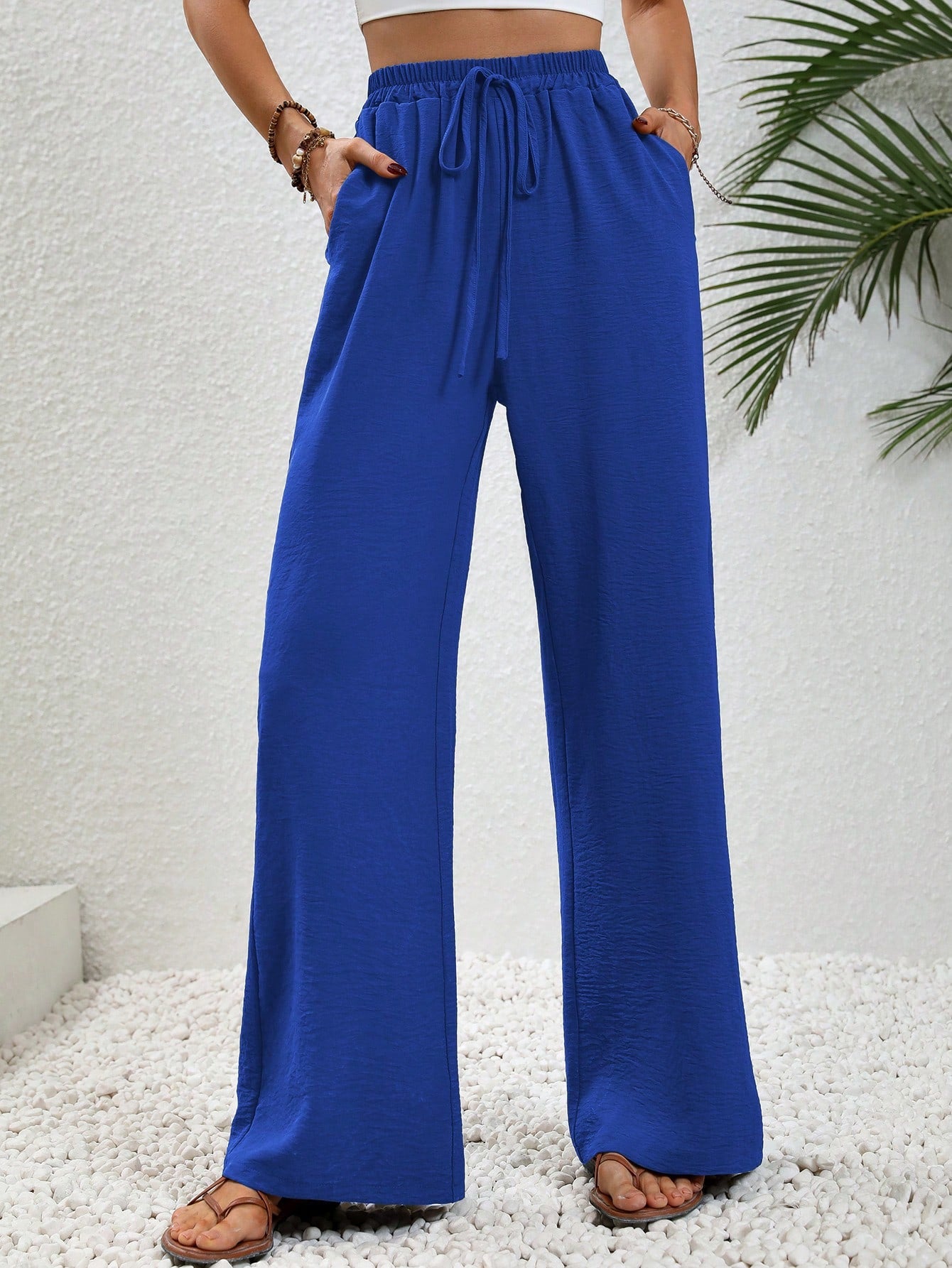 Women's Solid Color Waist-Tied Straight-Legged Wide Casual Pants With Pockets