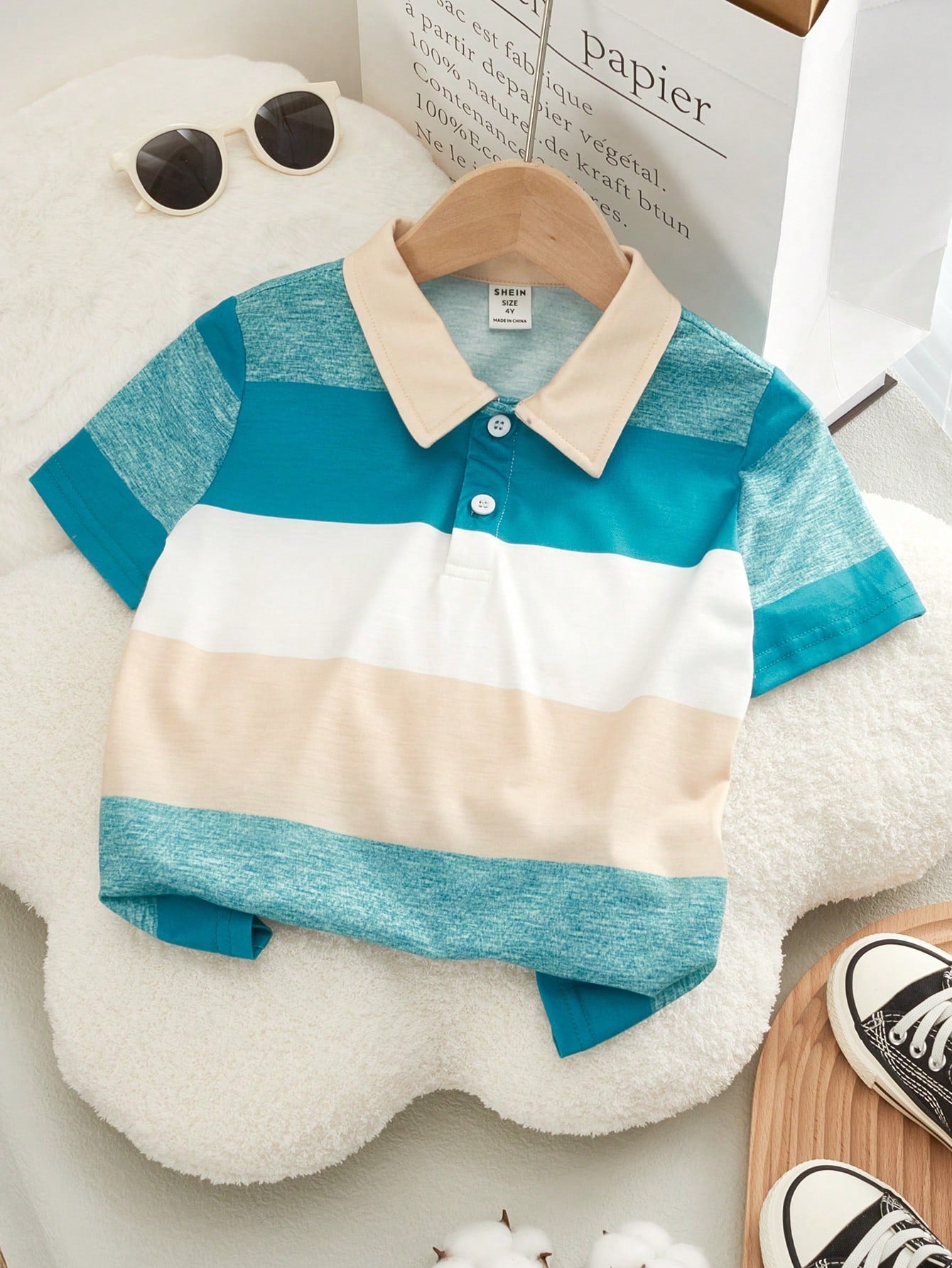 Young Boy Casual Striped Knitted Polo Shirt With Turn-Down Collar, Short Sleeve