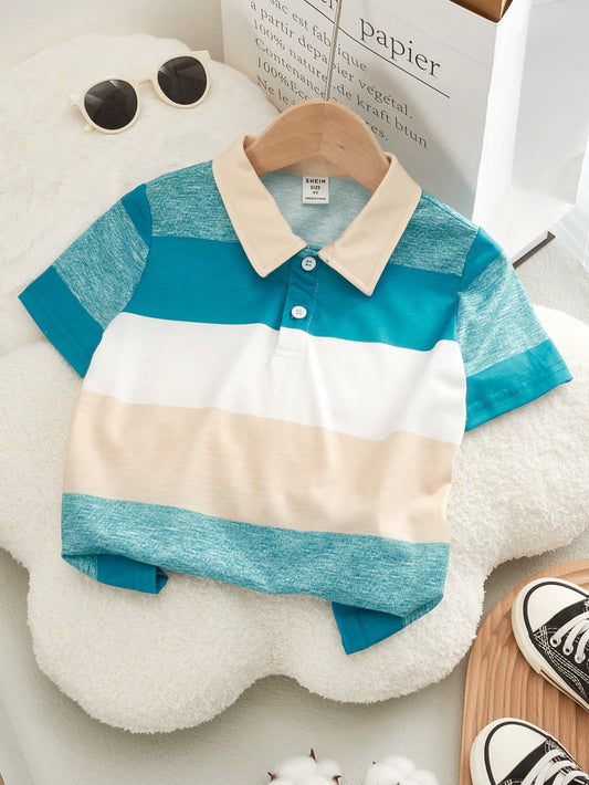 Young Boy Casual Striped Knitted Polo Shirt With Turn-Down Collar, Short Sleeve