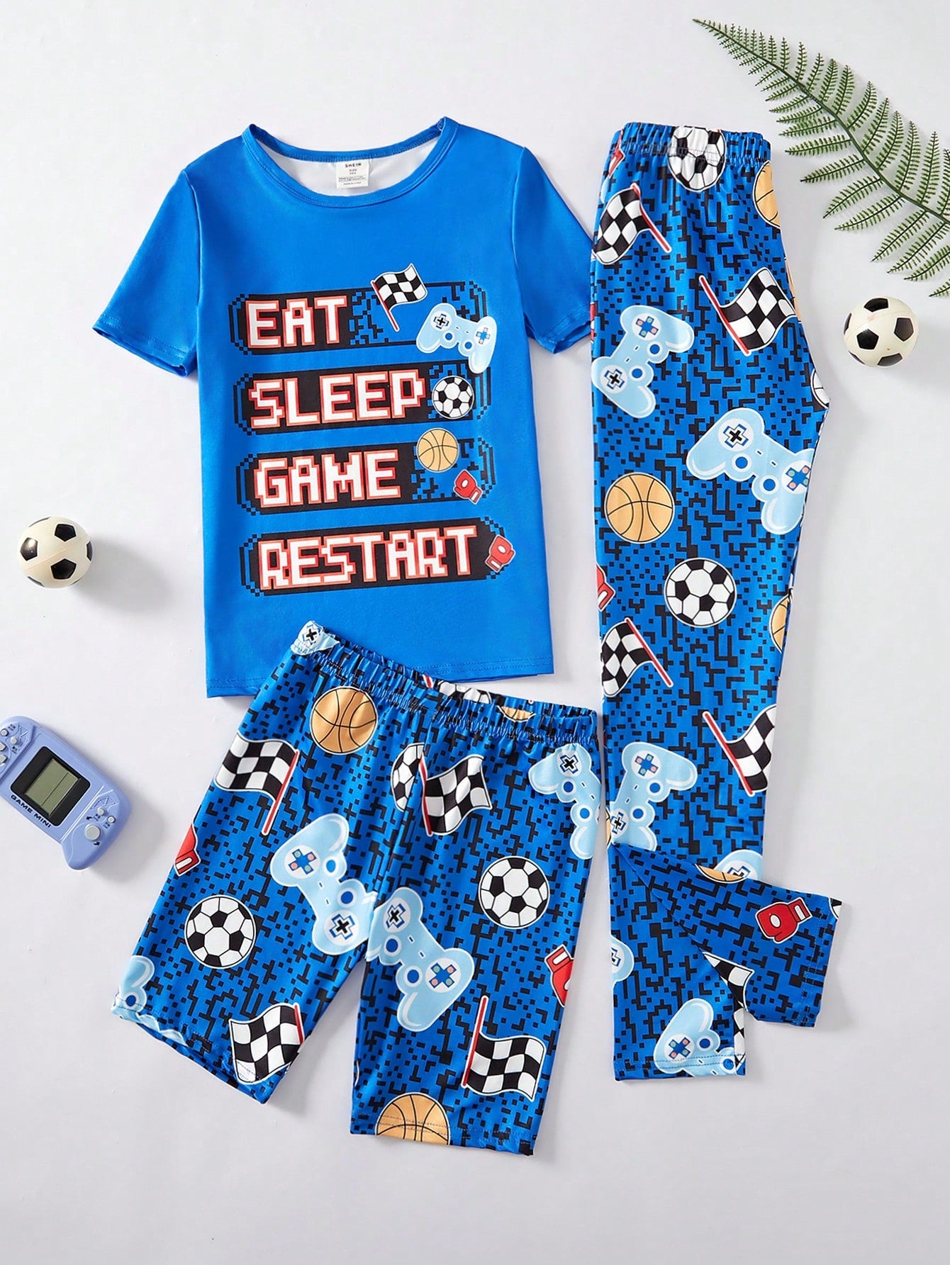 Tween Boy 3-Piece Set, Letter & Soccer Print Short Sleeve, Shorts, And Long Pants, Snug Fit Home Wear