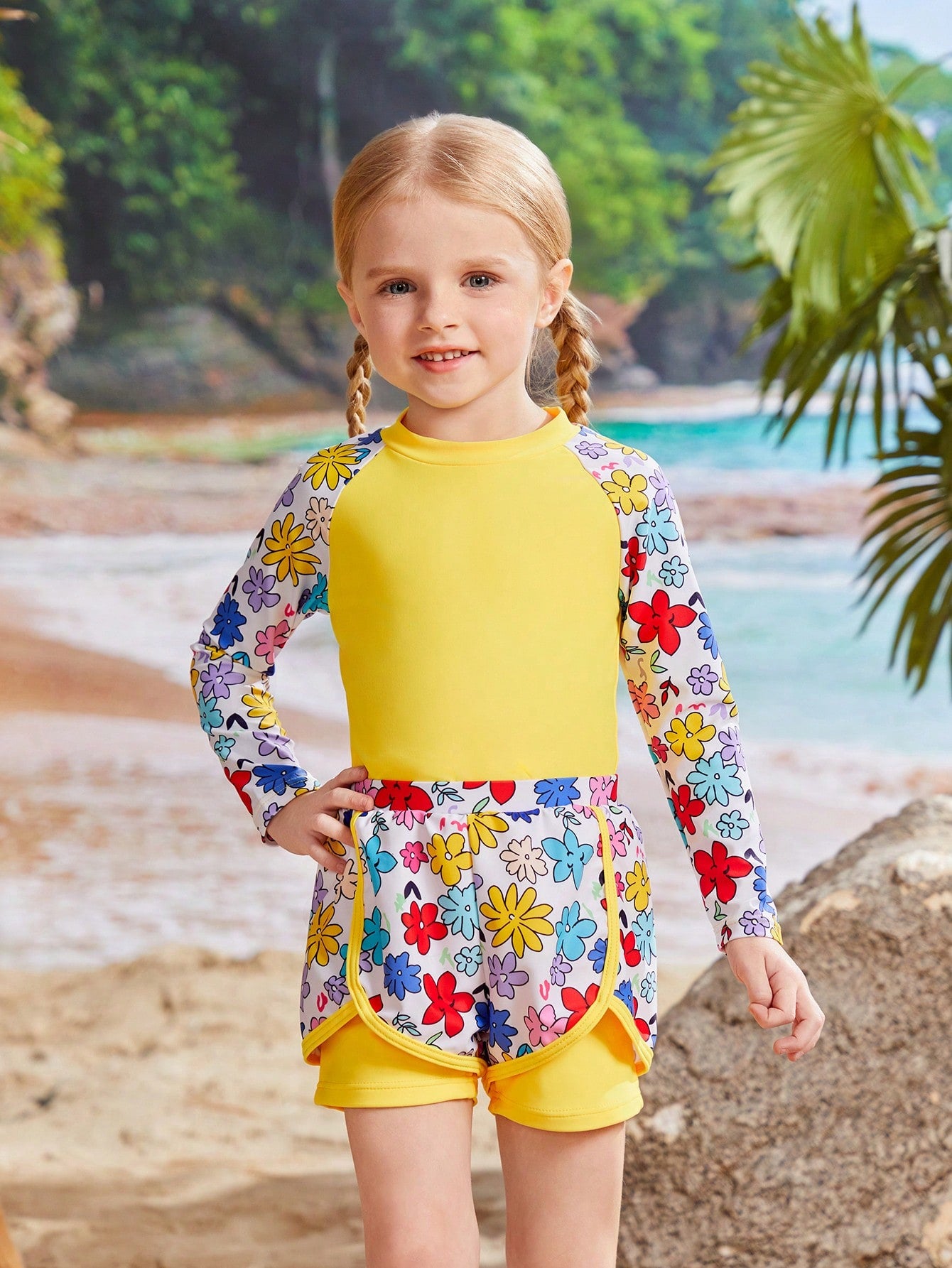 Young Girl Floral Print Raglan Sleeve Top With Suspenders Square-Cut Swimsuit Tankini