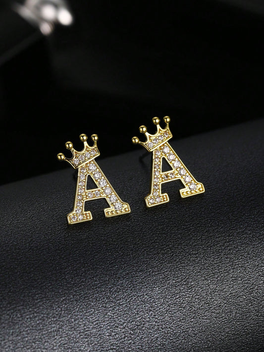 1pair Fashionable And Popular English Initial Letter & Crown Stud Earrings Kids Exquisite Sparkling Alphabet Earrings For Children Birthday Gift For Daily Wear