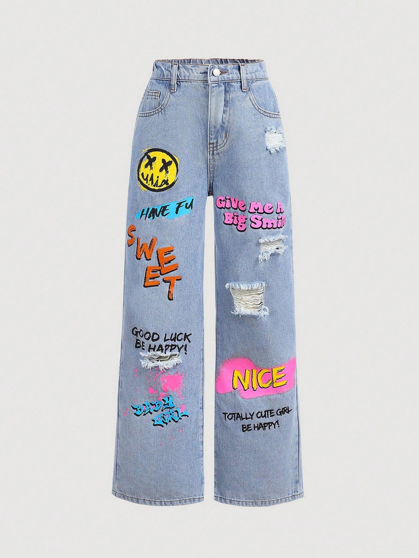 Tween Girl Y2K Spring Summer Trendy Slogan & Cartoon Face Print Ripped Straight Leg Denim Jeans,Girls Summer Clothes Concert Outfits