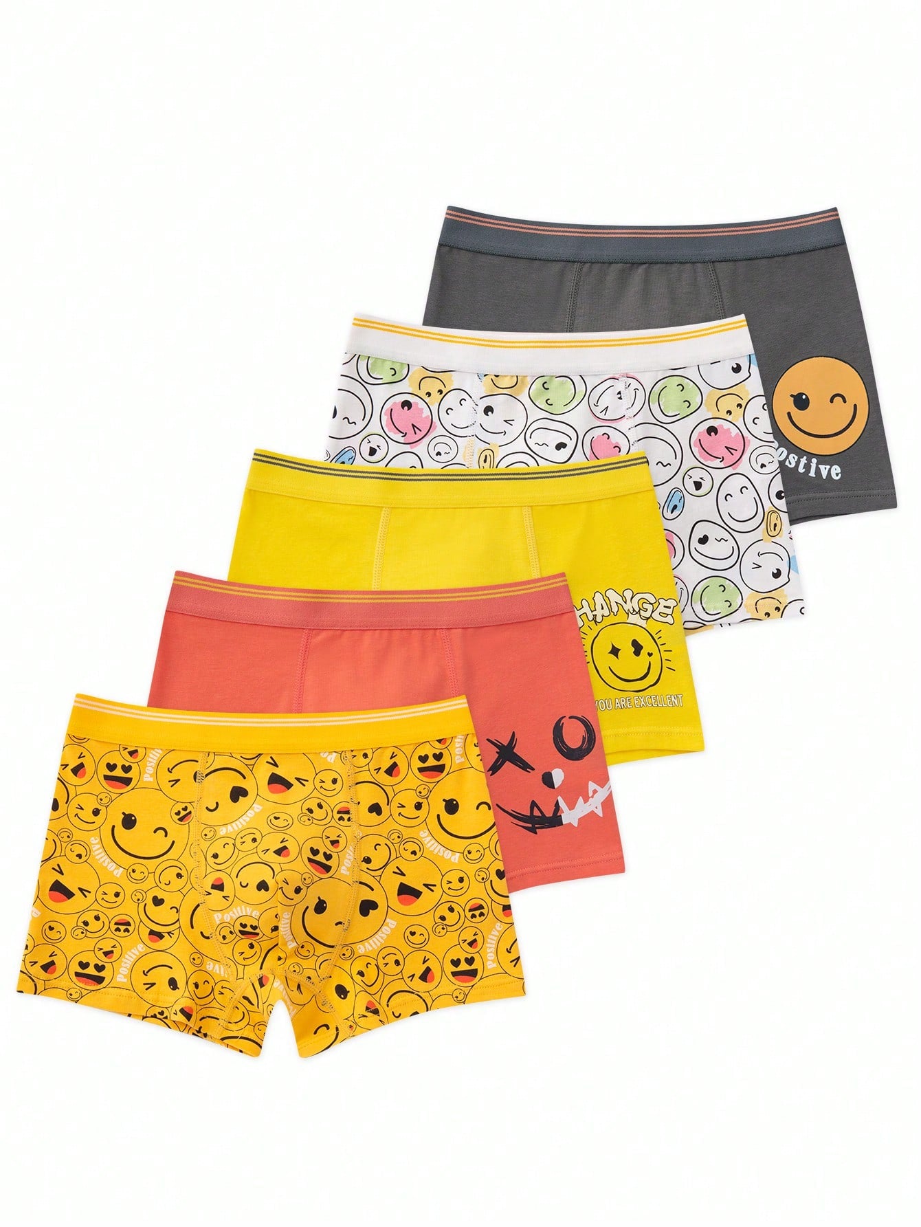 5pcs Cartoon Smiling Printed Boxer Briefs For Tween Boys, All Seasons