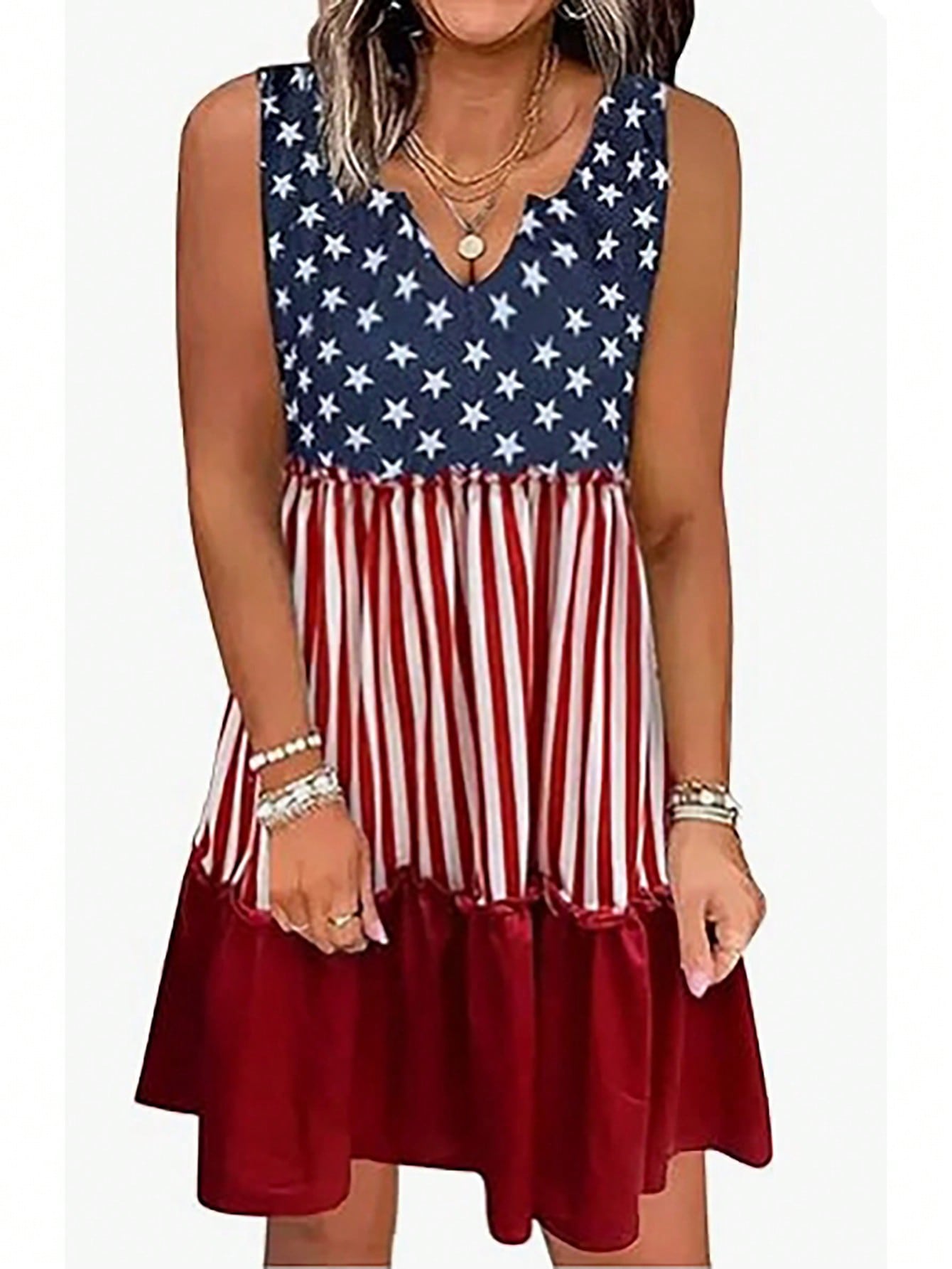 Women's Sleeveless Dress With American Flag Print And Frill Hem