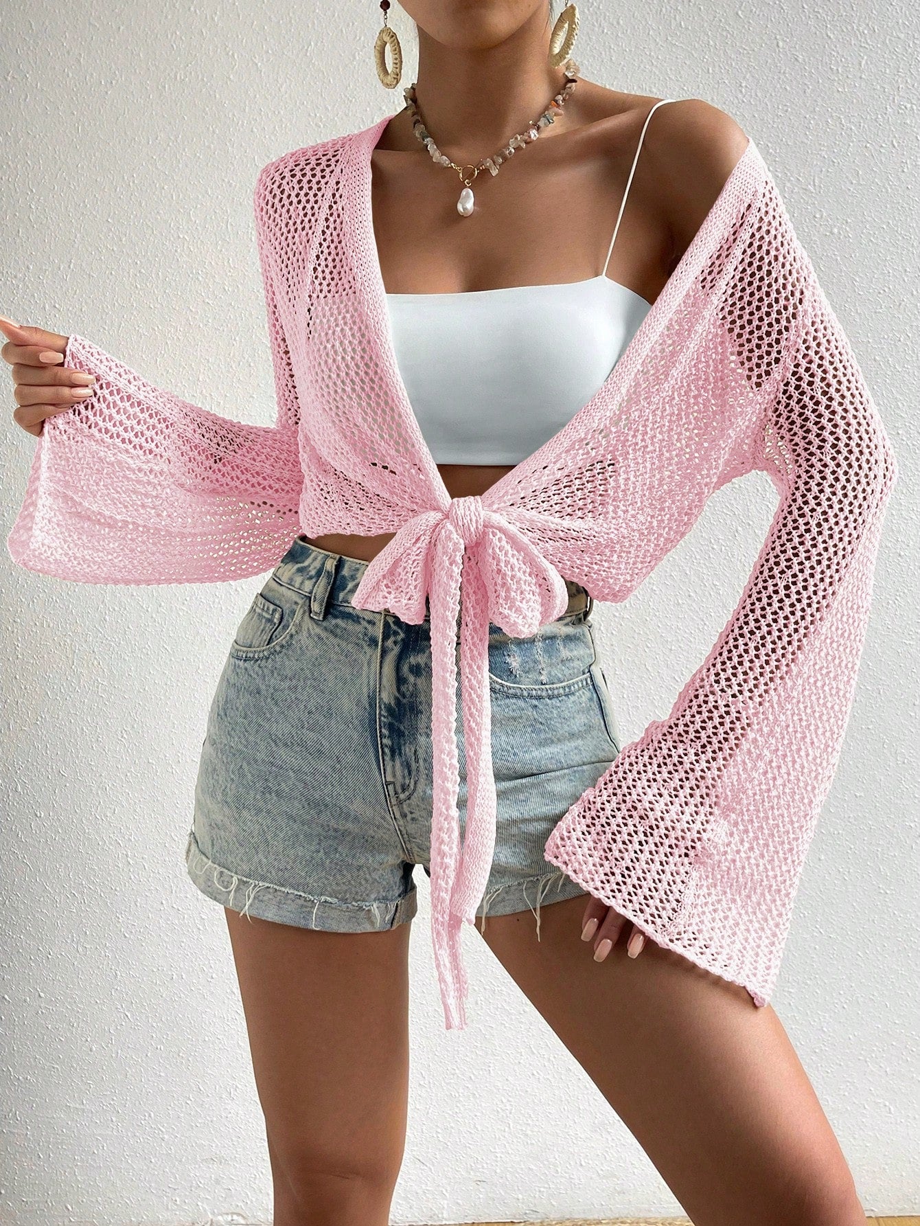 Swim Knot Front Flounce Sleeve Kimono Without Bra,Summer Beach