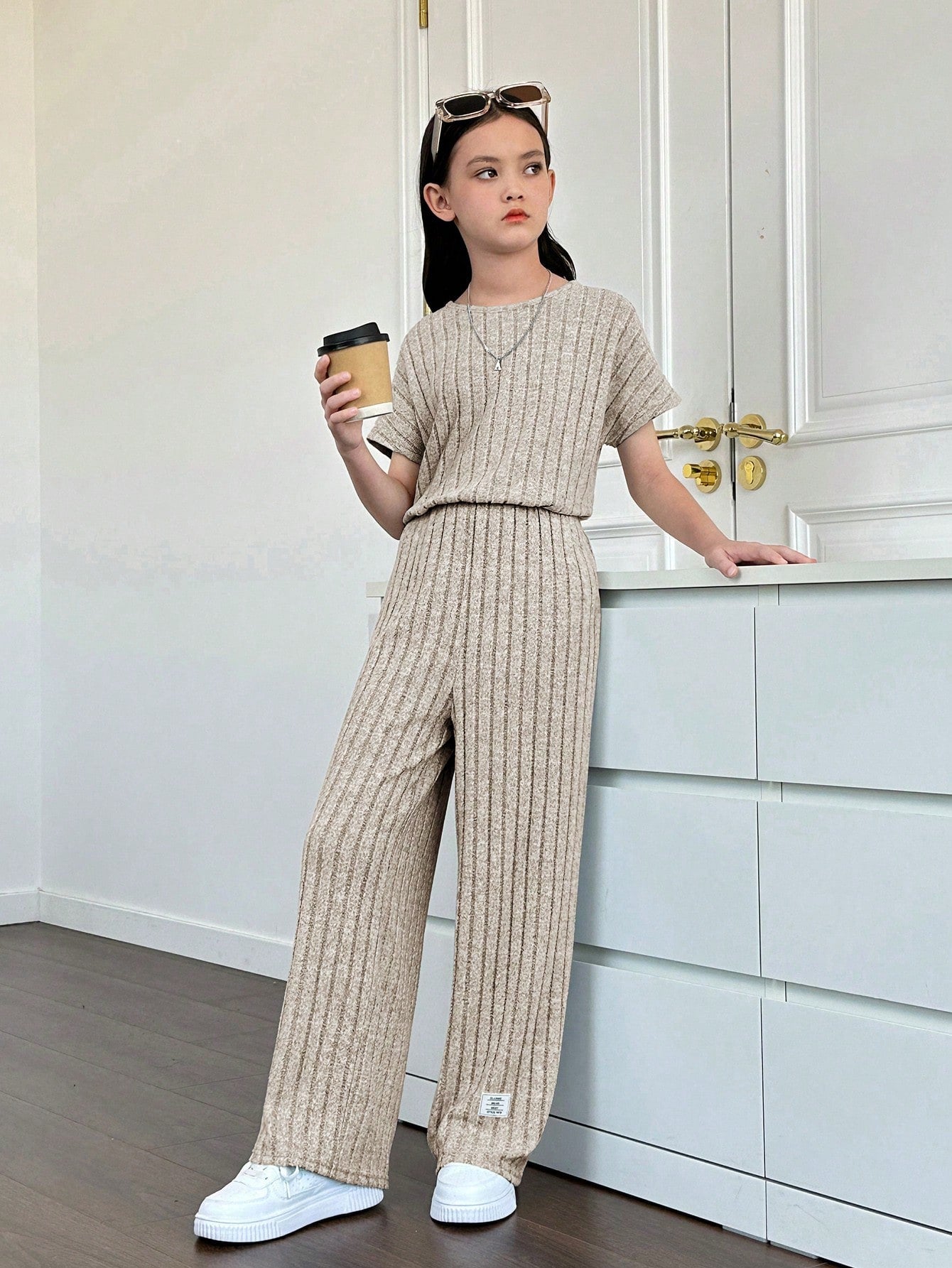 Tween Girls' Knitted Solid Color Loose Fit Casual Jumpsuit With Round Neckline