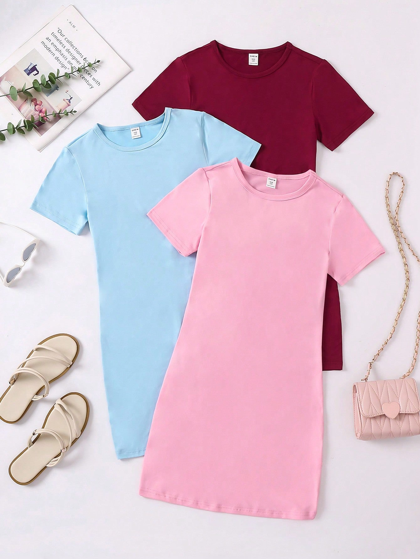 Tween Girl Round Neck Solid Color Casual Short Sleeve Dress, Simple Everyday Wear