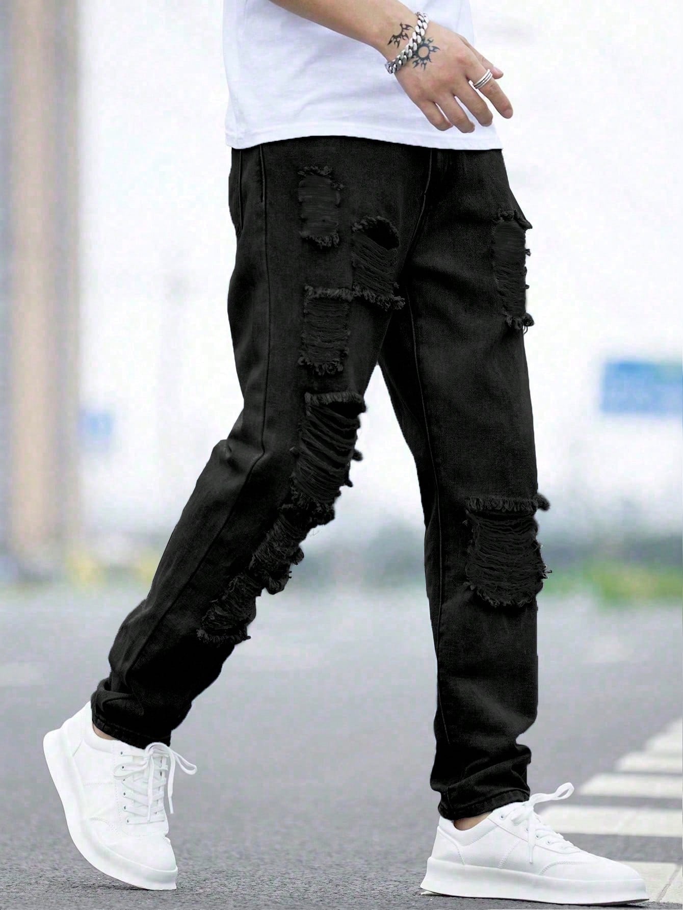 Men Cotton Ripped Frayed Cut Out Jeans Straight Leg Long Light Jean Cargo Plain Blue Party Street Wear Friends