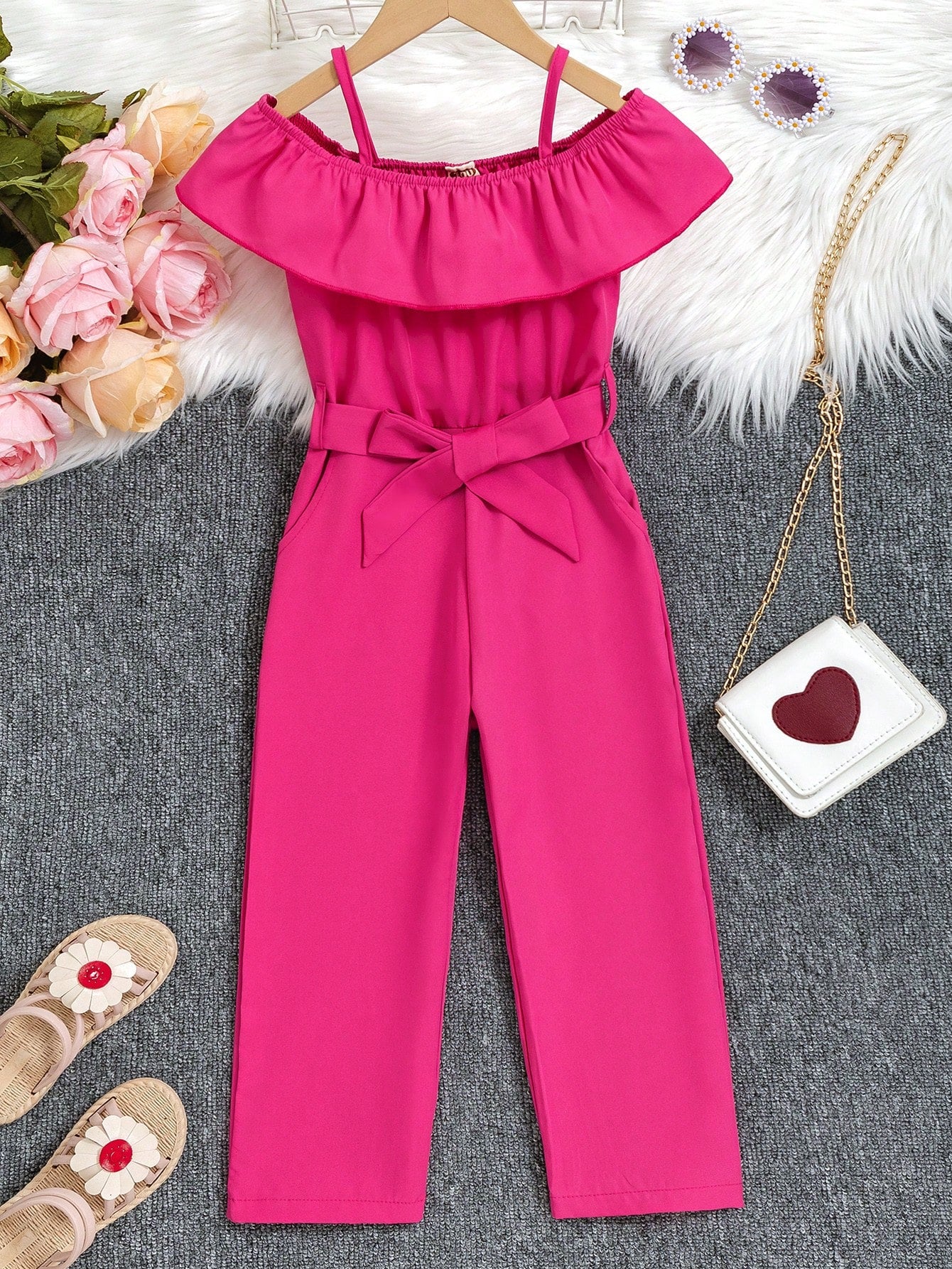 Young Girl Cold Shoulder Belted Jumpsuit Without Bag