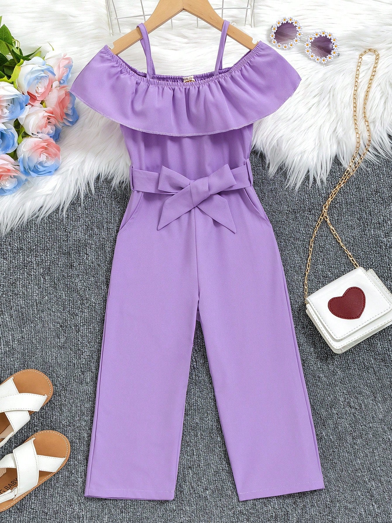 Young Girl Cold Shoulder Belted Jumpsuit Without Bag