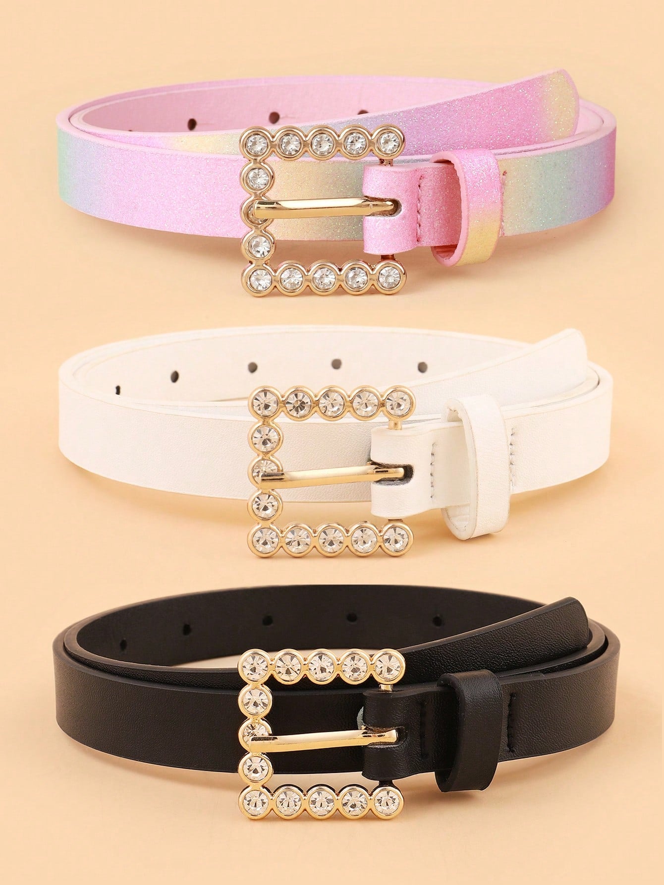 New Arrival Kids' 3pcs/Set Black, White And Camel Rhinestone Belts