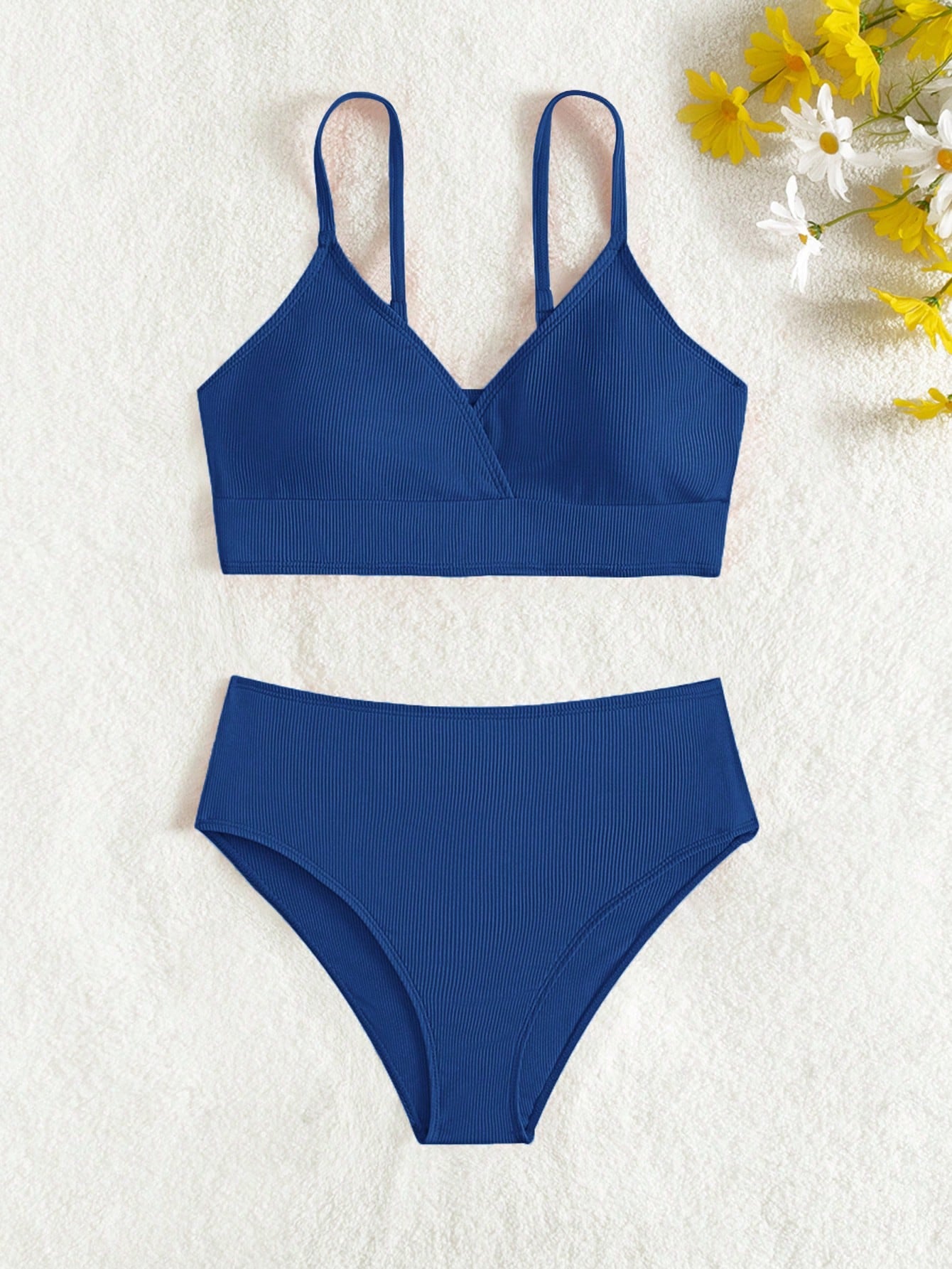 Solid Color Ribbed Bikini Set For Teen Girl Summer Beach