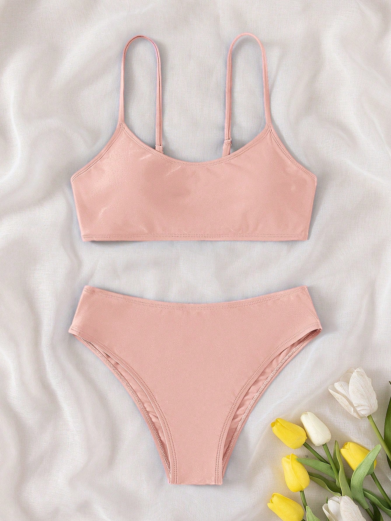 2pcs/Set Teen Girl Solid Color Wireless Bra And Triangle Bikini Set