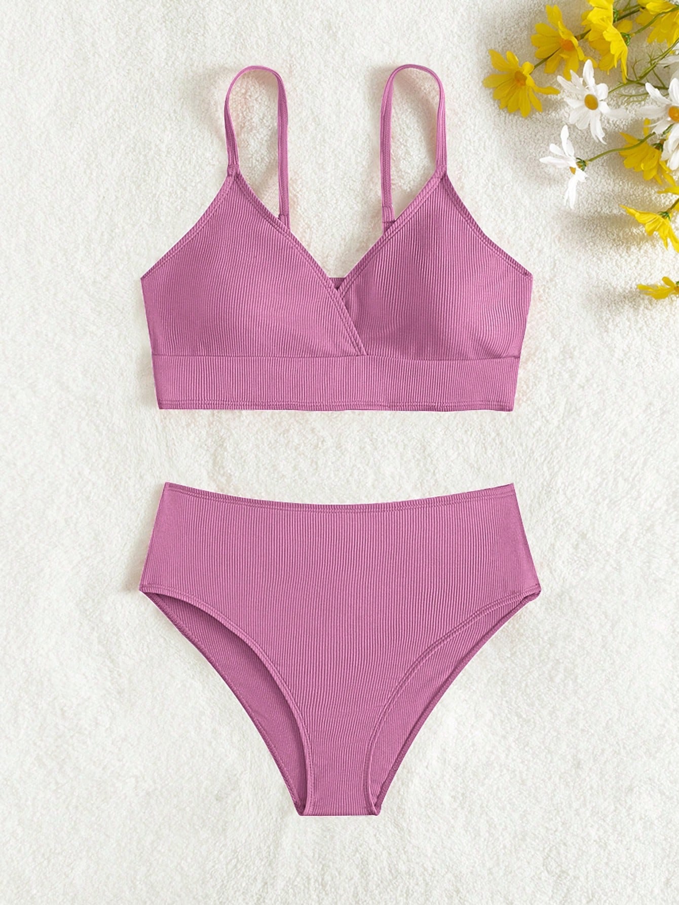 Solid Color Ribbed Bikini Set For Teen Girl Summer Beach