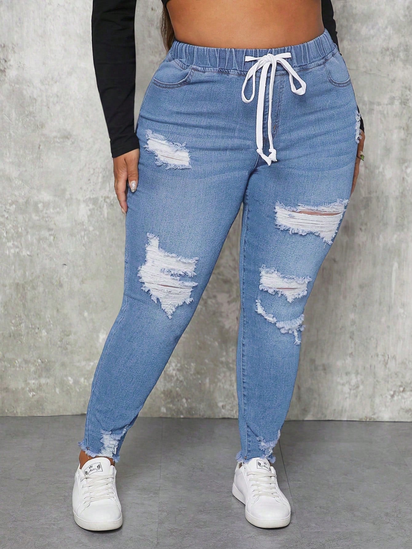 Plus Drawstring Waist Ripped Skinny Jeans