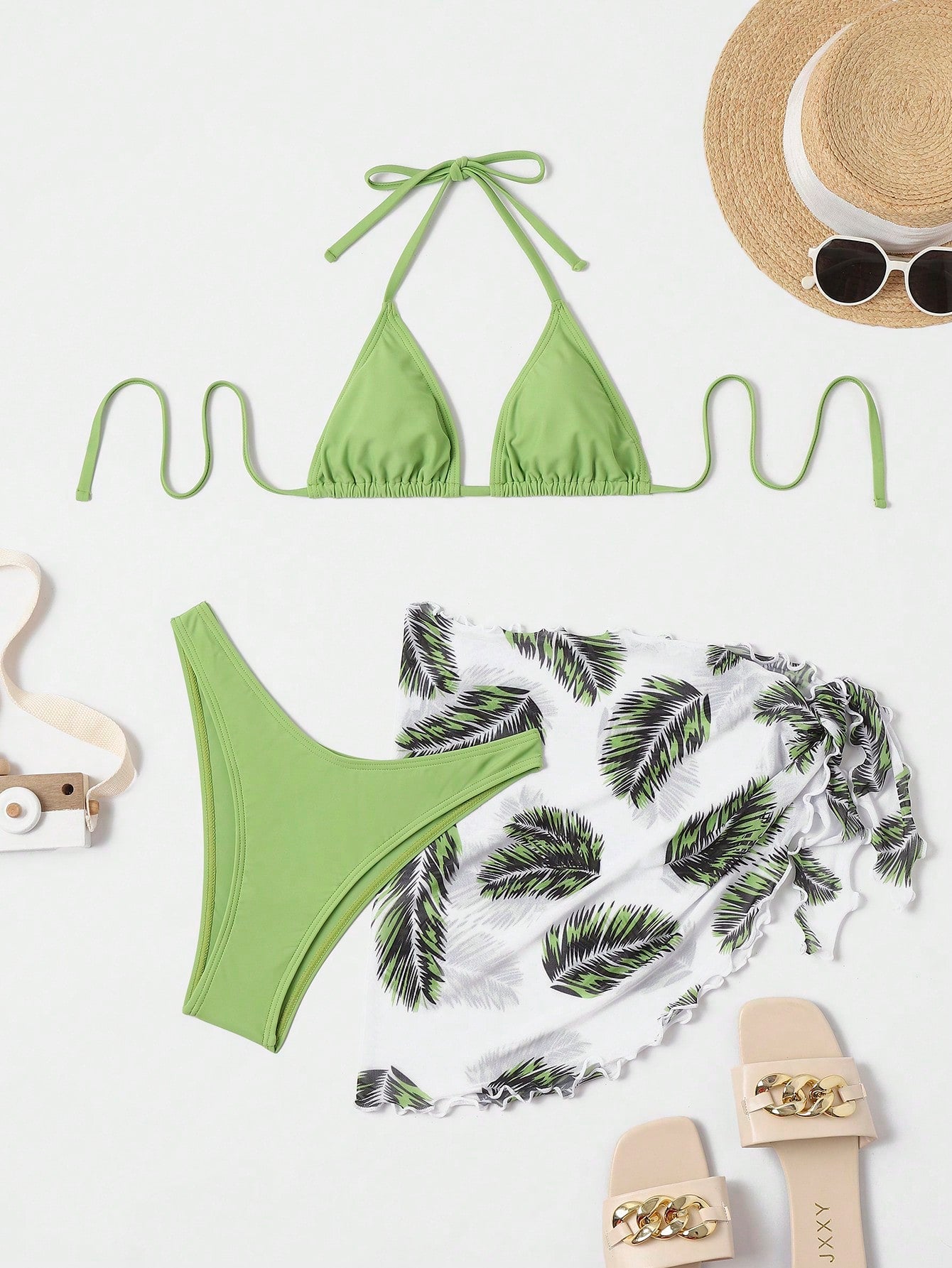 Swim Summer Beach Leaf Print Bikini Set Halter Triangle Bra & High Cut Bottom & Cover Up Skirt 3 Piece Bathing