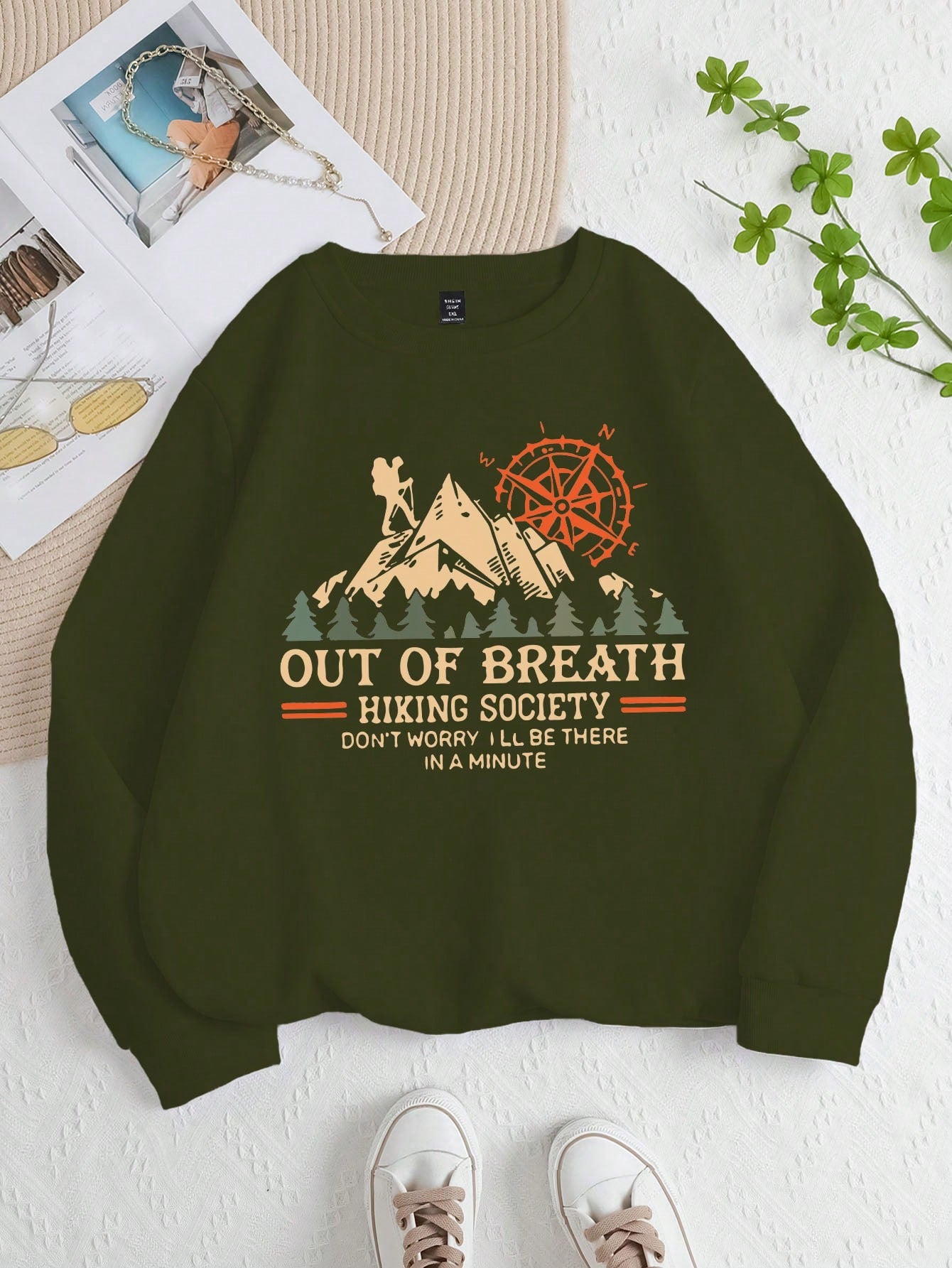 Women's Plus Size Mountain Climbing Slogan Printed Round Neck Loose Fit Long Sleeve Sweatshirt