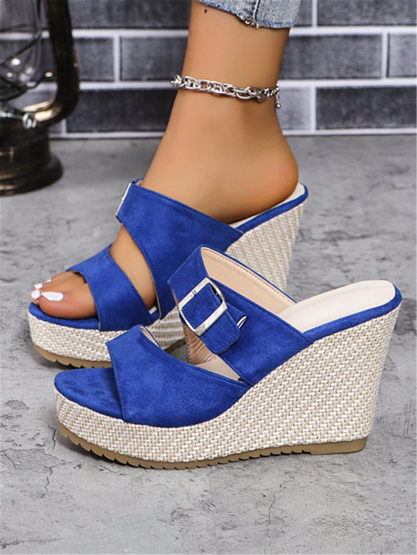 2024 New Spring Summer Women Sandals Fish Mouth Wedge Heel Platform Velvet High-Heeled Slippers British Style Large Size Women Shoes For Outdoor Wear