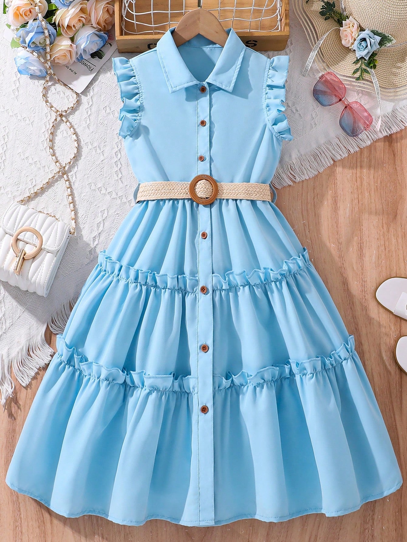 Tween Girl's Turn-Down Collar Mid-Length Dress With Woven Waist Belt