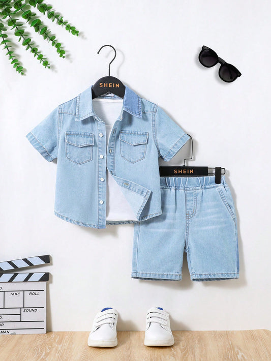 Young Boy 2pcs/Set Casual Comfortable Soft Blue Denim Shirt And Denim Shorts Set ,For Spring And Summer Outfits