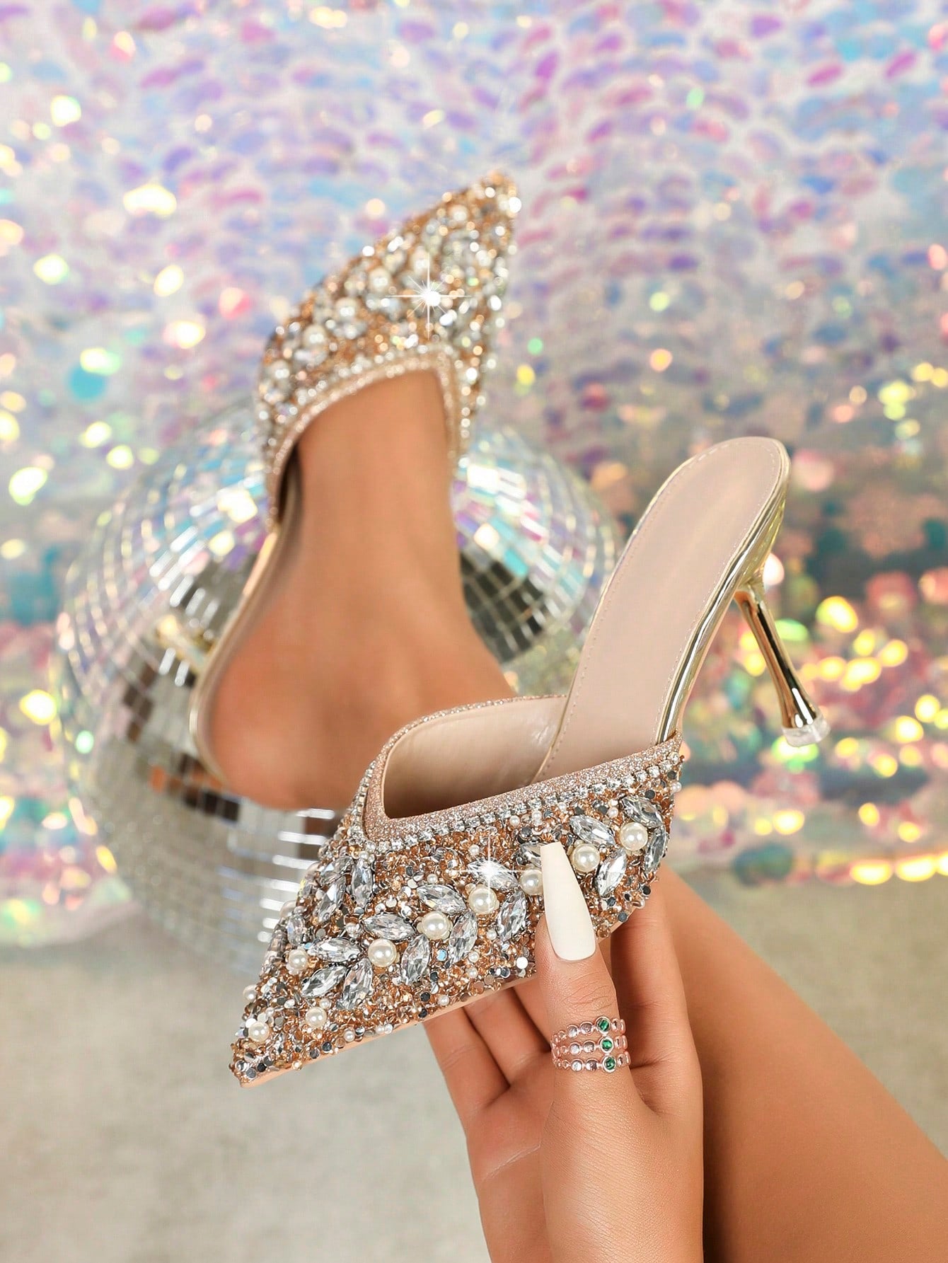 New Arrival Women High Heels Pointed Toe Rhinestone Studded Thin Heel Slippers For Outdoor & Party & Banquet & Versatile & Freshness & Comfortable & Convenient