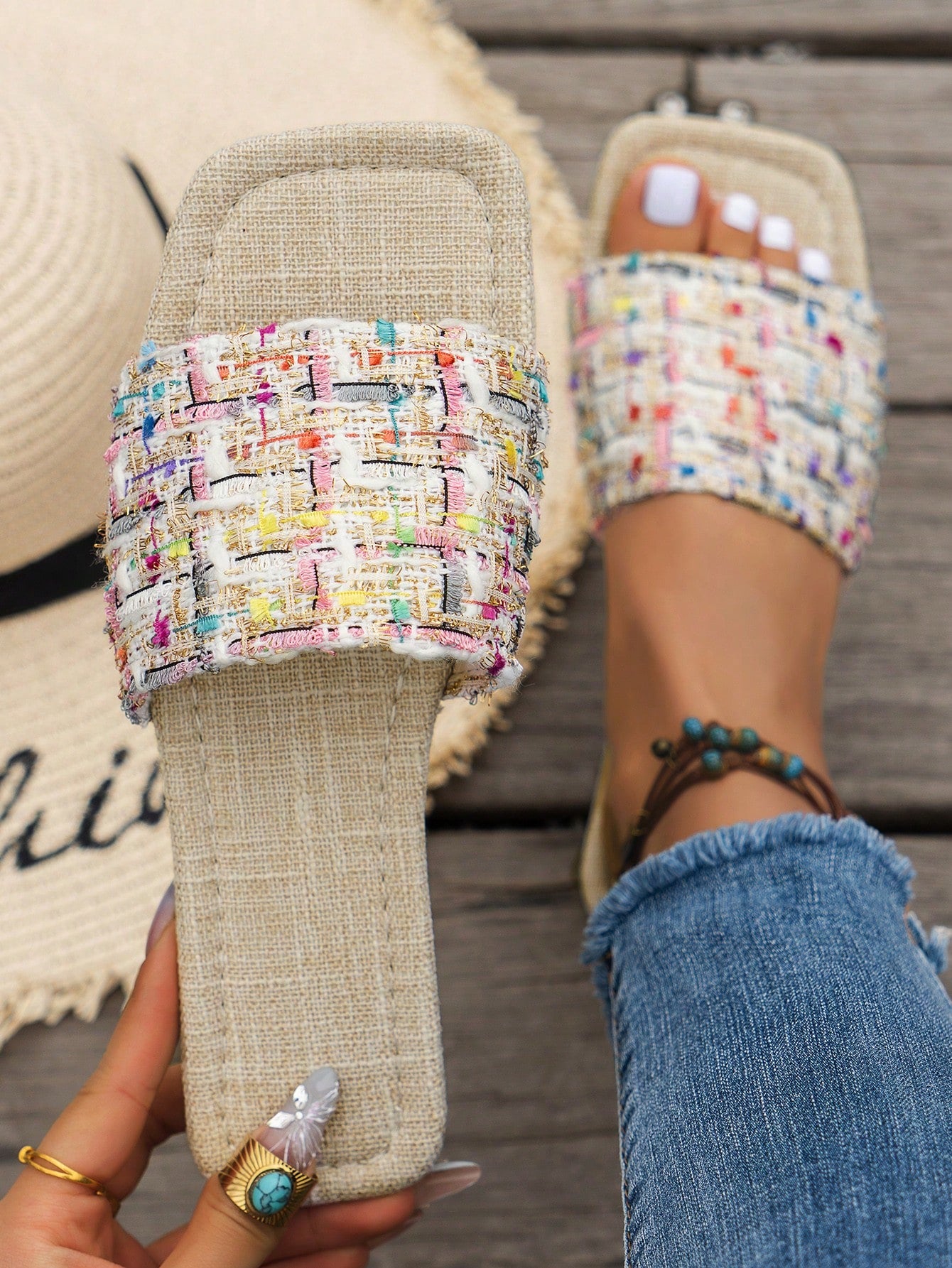 Summer Colorful Embroidery Flat Sandals, Vintage Beaded Flip Flops
