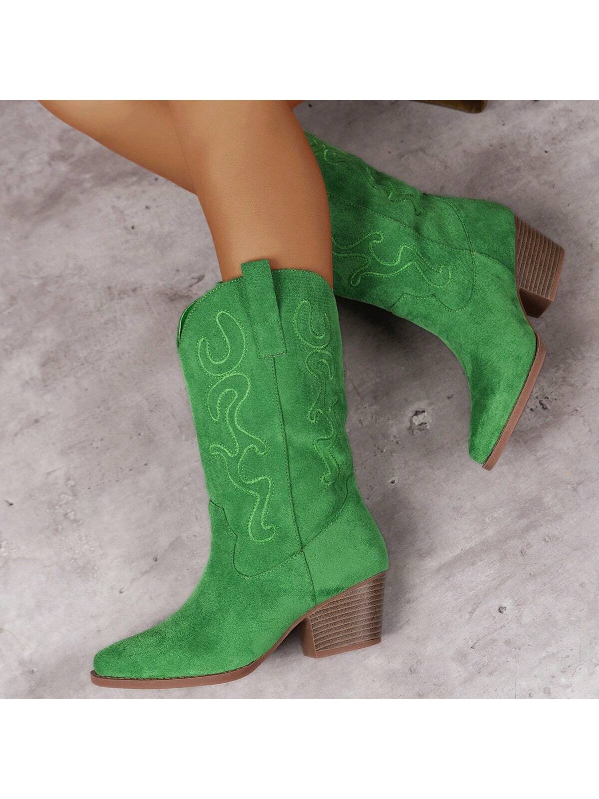 Ladies Fashionable Embroidered Wedge Heel Slip-On Mid-Calf Western Boots