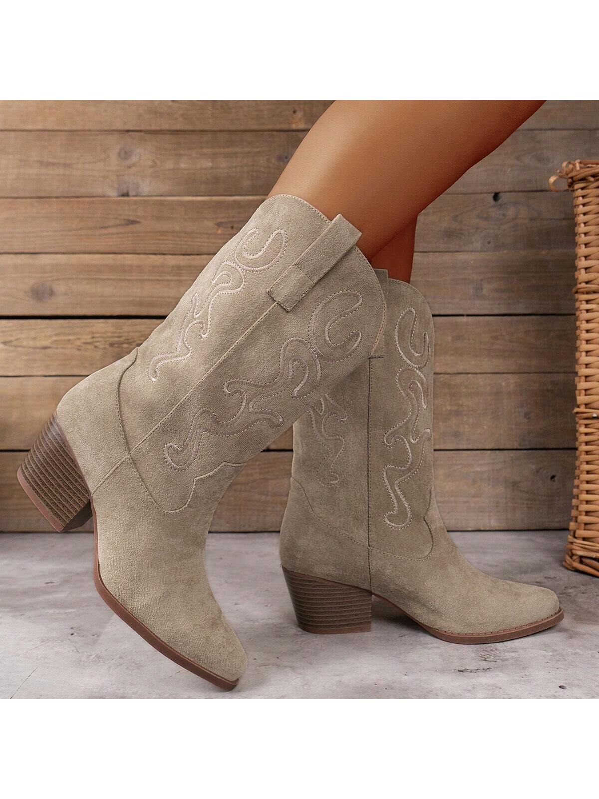 Ladies Fashionable Embroidered Wedge Heel Slip-On Mid-Calf Western Boots