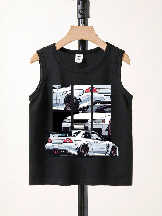 Young Boys' Casual & Simple Car Cartoon Pattern Sleeveless Tank Top For Summer, White Car & Cool Car