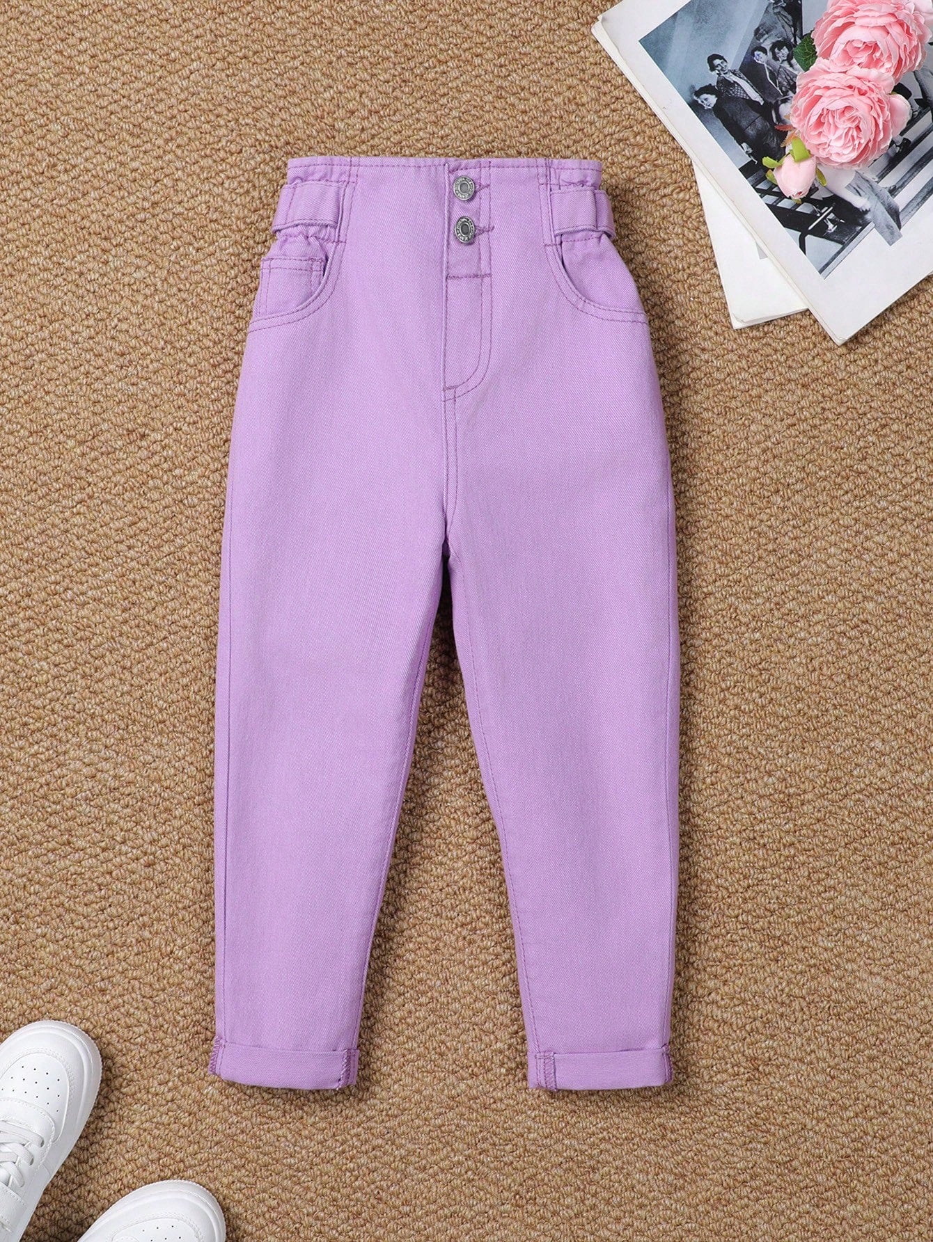 Young Girl All-Match Floral Waist Denim Jeans For School And Fashion