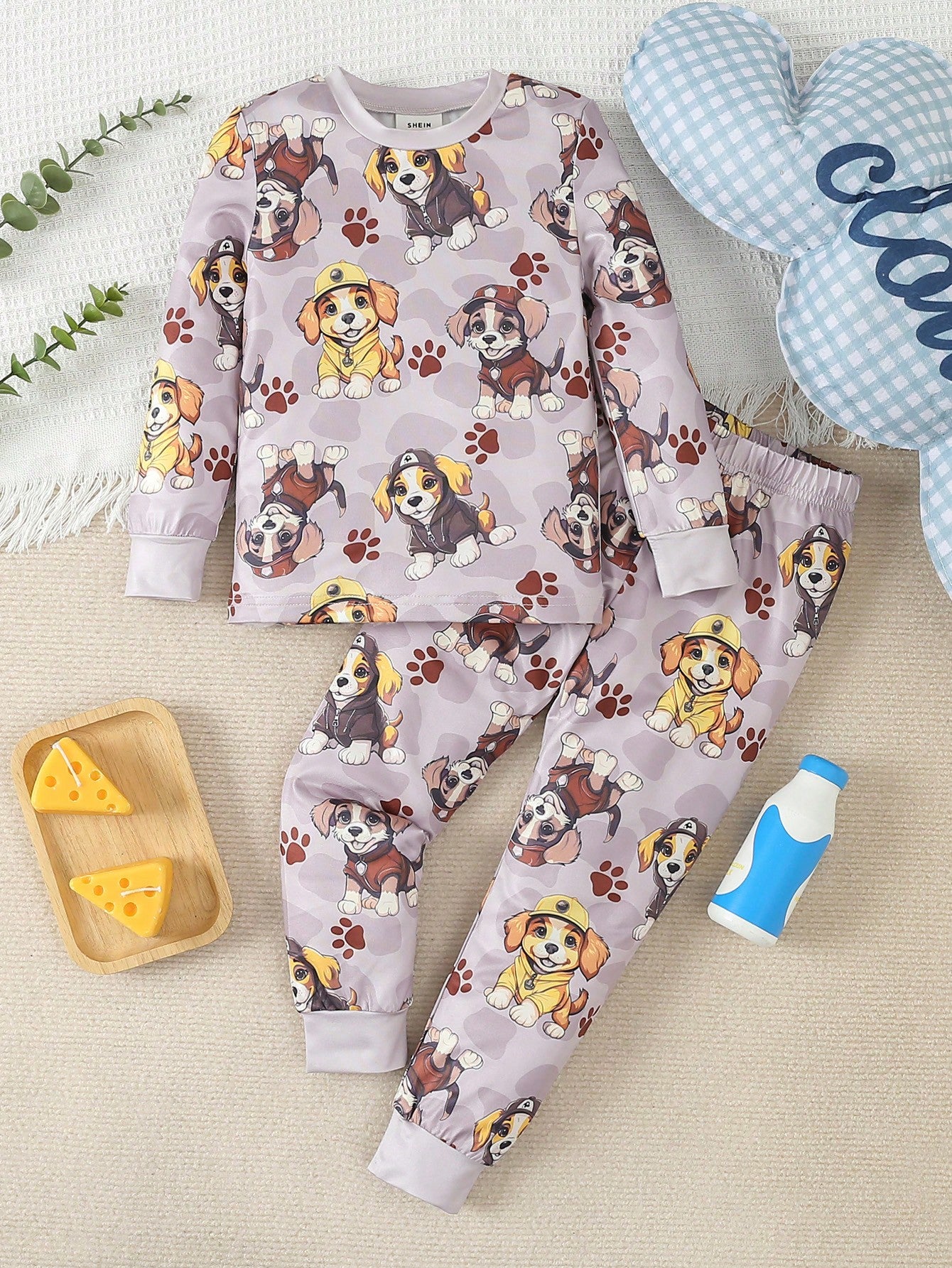 Young Boy Adorable Puppy Print Long Sleeve & Pants Thermal Snug Fit Underwear Set For Home