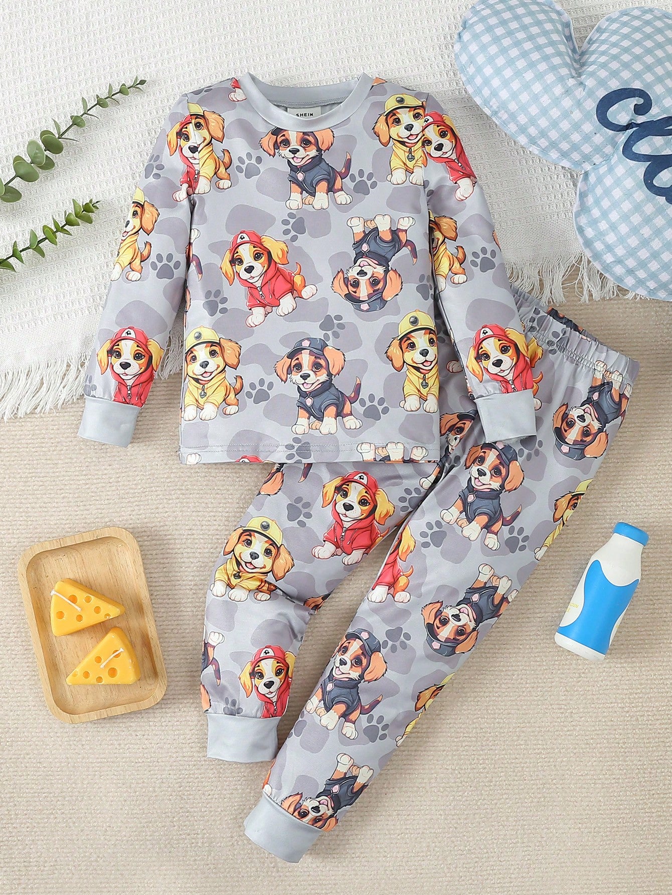 Young Boy Adorable Puppy Print Long Sleeve & Pants Thermal Snug Fit Underwear Set For Home