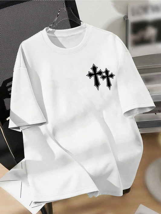 Teen Boy Casual Cross Pattern Short Sleeve T-Shirt, Suitable For Summer