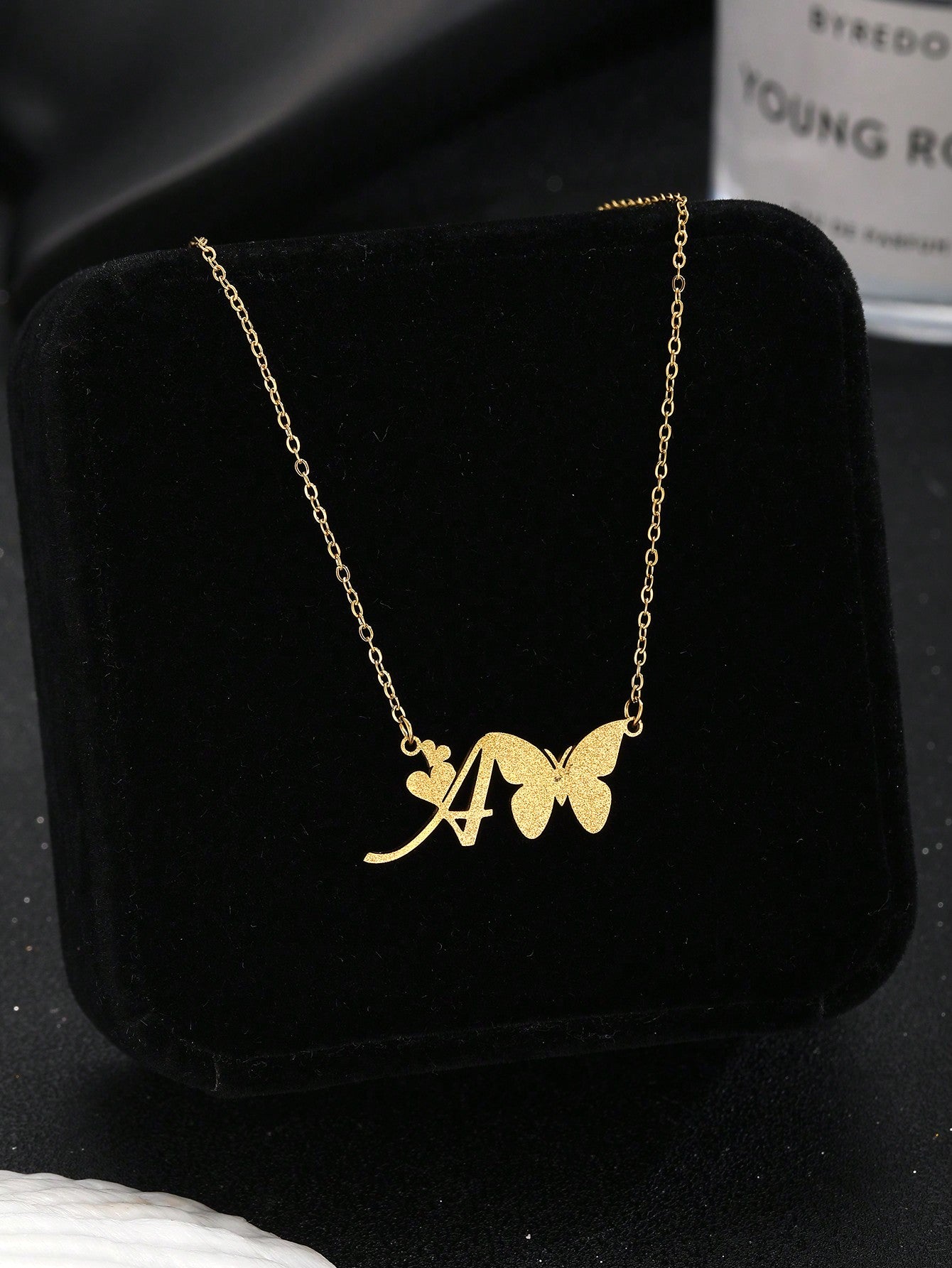 1pc Golden Sandblasted Butterfly Initial Letter & Heart Pendant Stainless Steel Necklace For Girls Fashion Delicate Clavicle Chain Summer Necklace For Kids Birthday Gift