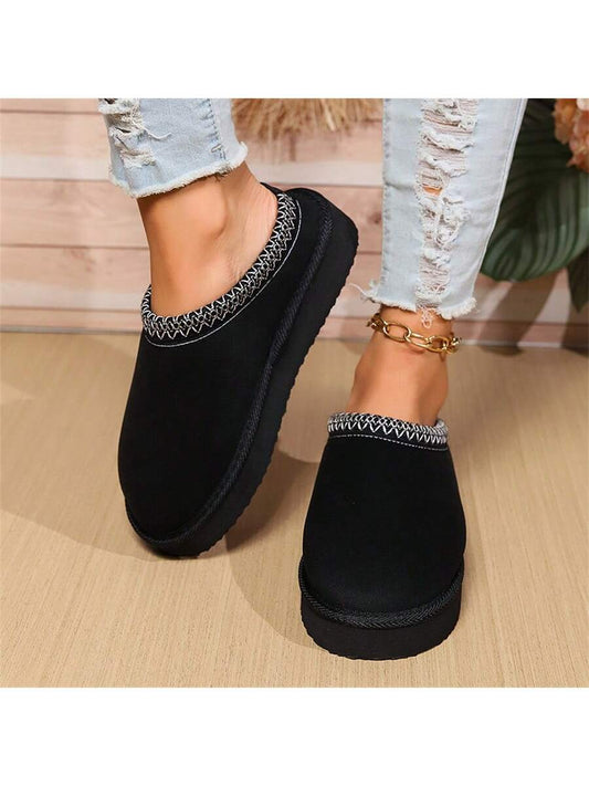 Women's Plush Lined Flat Bottomed Slippers, Soft Sole Solid Color Warm Ankle Boot Style, All Season Fabric Slippers