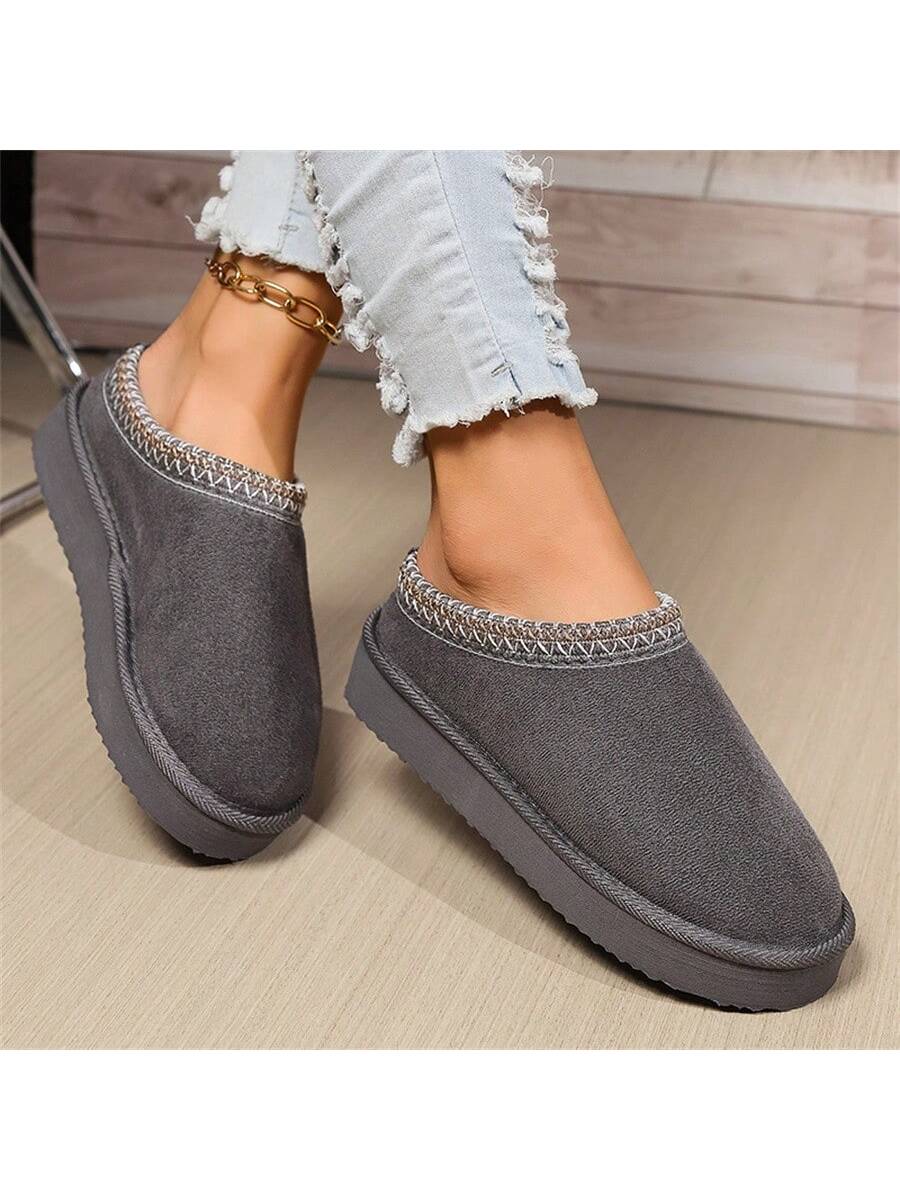 Women's Plush Lined Flat Bottomed Slippers, Soft Sole Solid Color Warm Ankle Boot Style, All Season Fabric Slippers