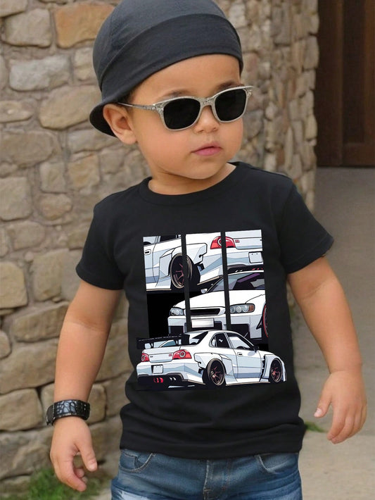 Young Boys' Casual Simple Car Print Round Neck T-Shirt Suitable For Summer