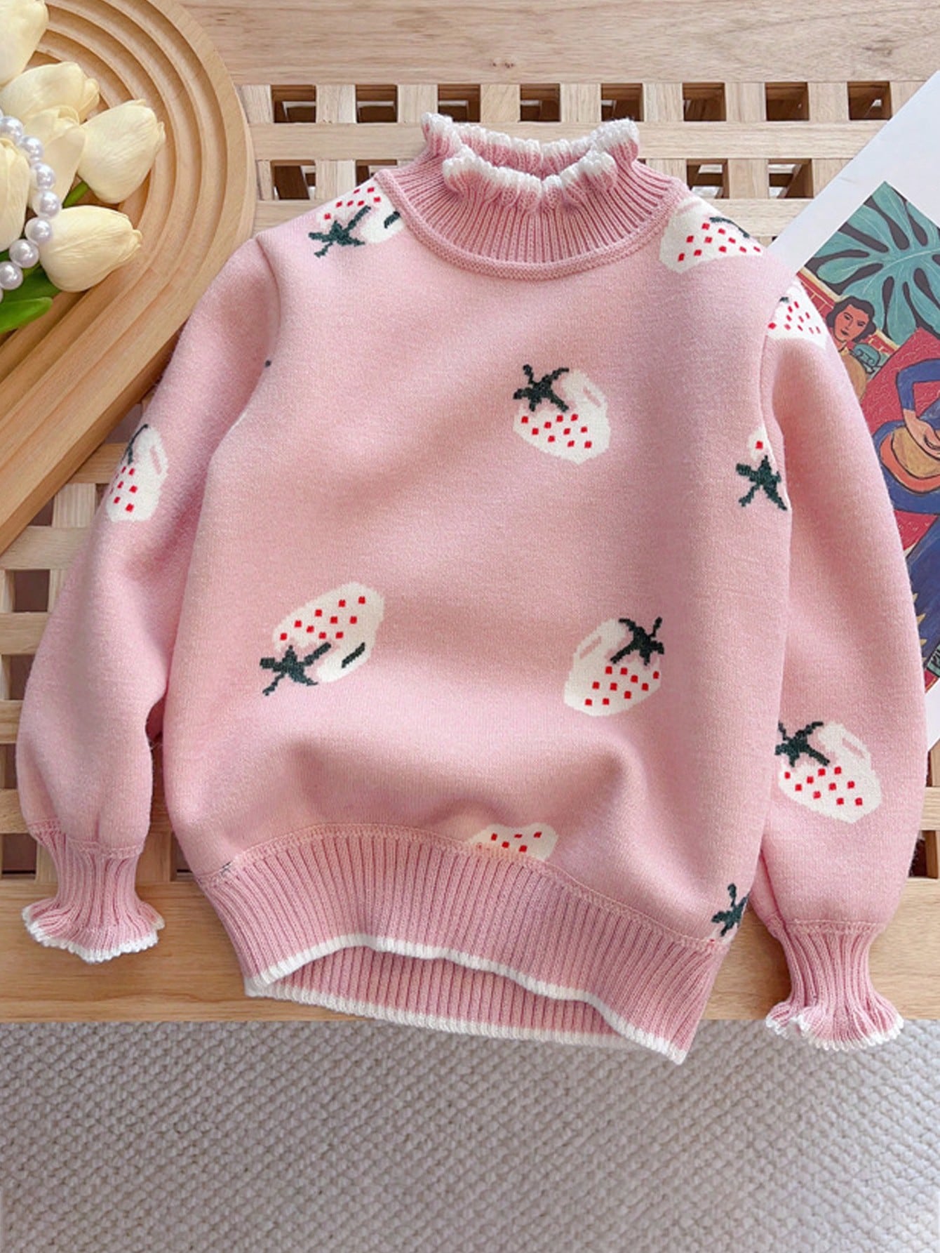 Young Girl 2024 New Arrival High Neck Fashionable All Match Strawberry Pattern Sweater