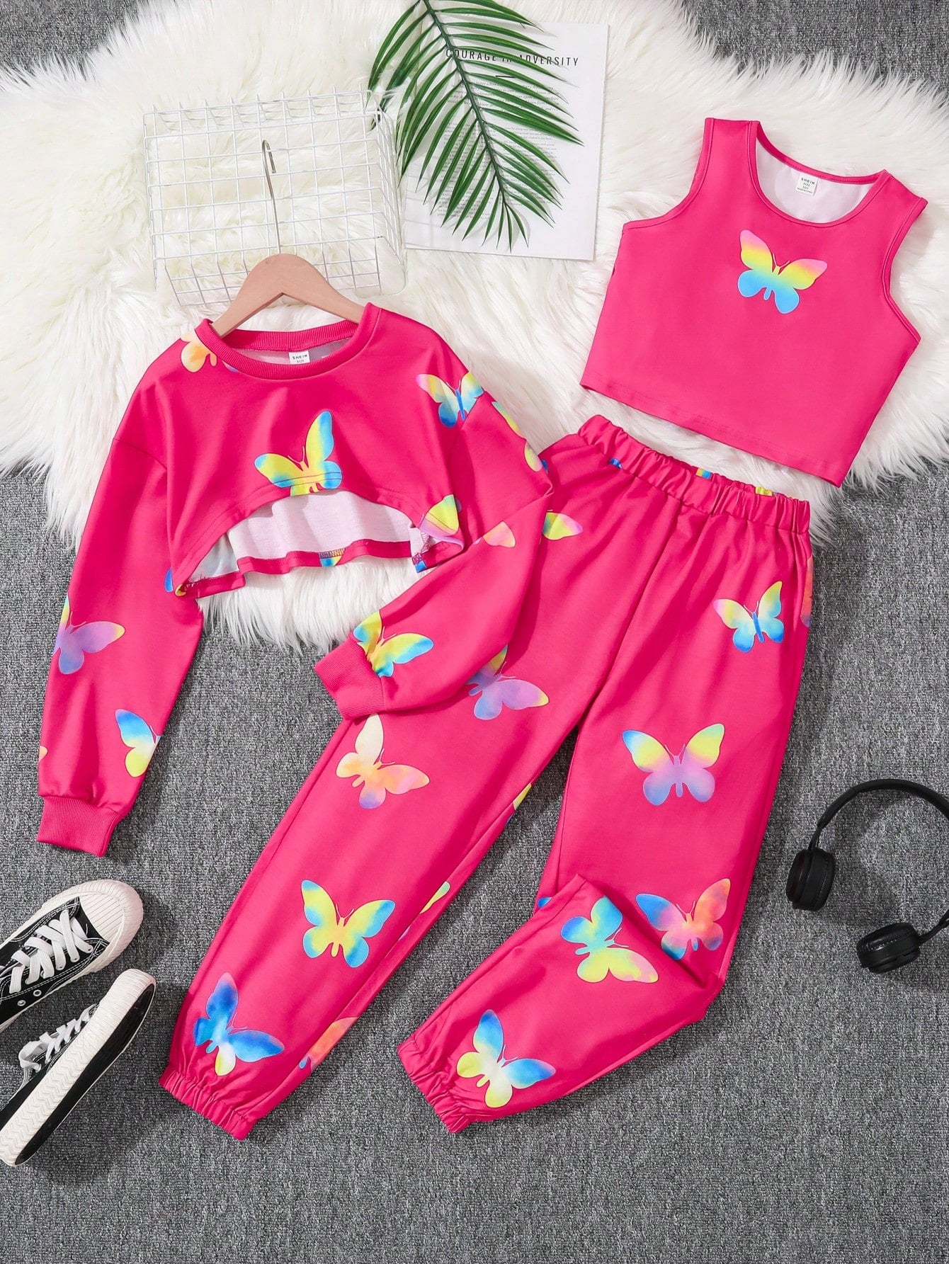 Tween Girl 3pcs/Set Trendy Butterfly Print Knitted Outfit