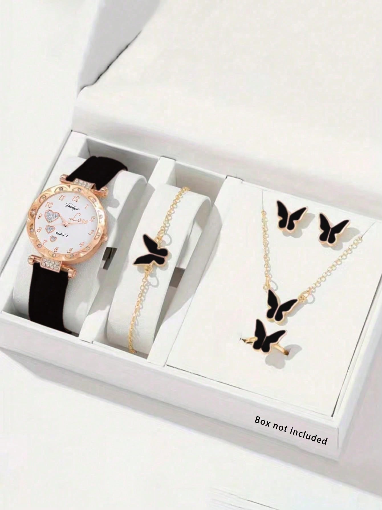 6pcs/Set Girls' Watchluxury Rhinestone Quartz Watch, Pink Gradient Analog Watch & Butterfly Jewelry Set - Gift For Kids